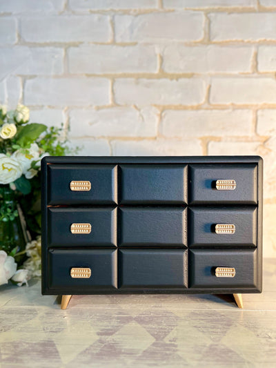 BLACK VINTAGE MCM JEWELRY CHEST Revive In Style Vintage Furniture Painted Refinished Redesign Beautiful One of a Kind Artistic Antique Unique Home Decor Interior Design French Country Shabby Chic Cottage Farmhouse Grandmillenial Coastal Chalk Paint Metallic Glam Eclectic Quality Dovetailed Rustic Furniture Painter Pinterest Bedroom Living Room Entryway Kitchen Home Trends House Styles Decorating ideas
