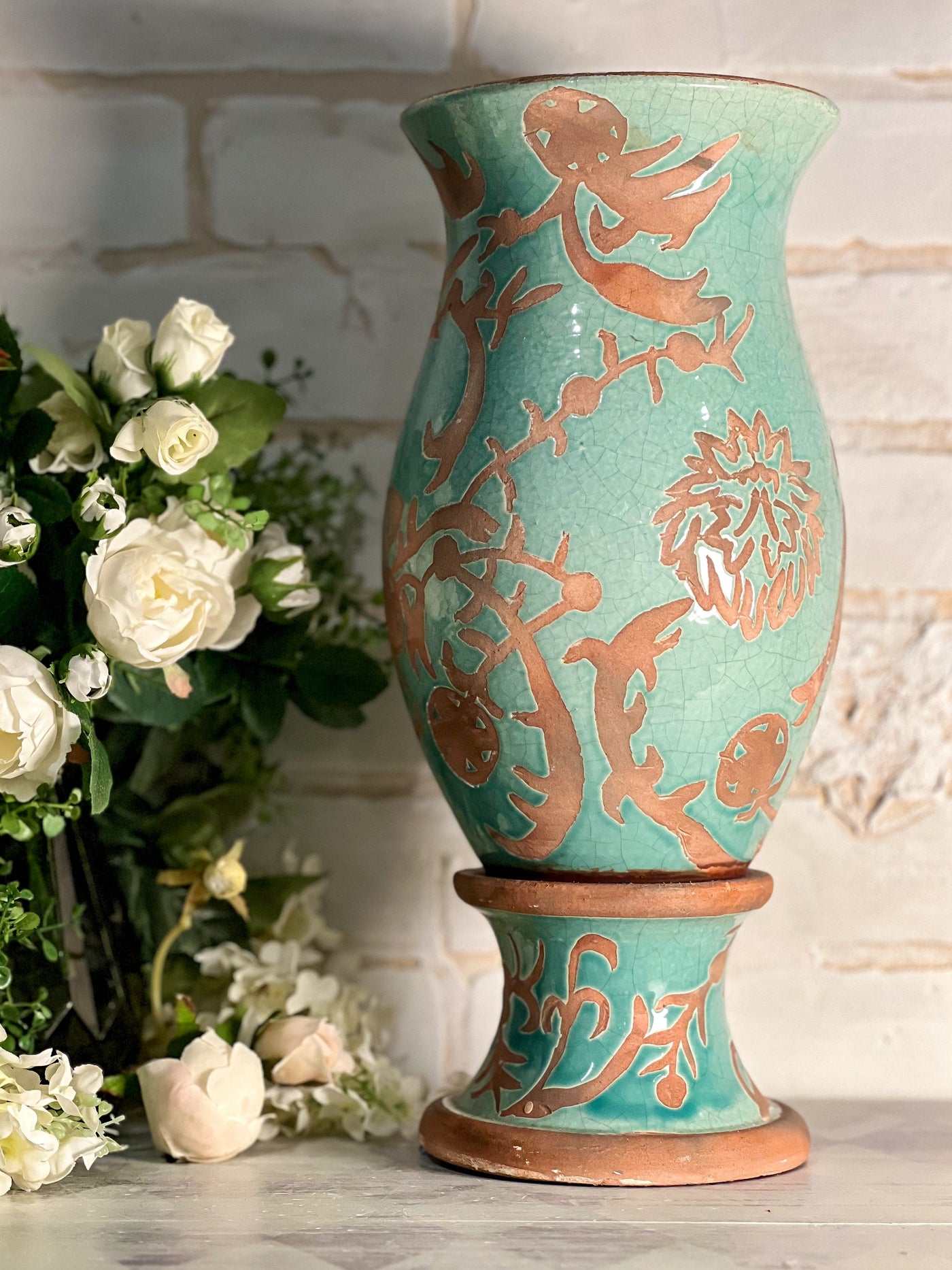 TALL TURQUOISE PATTERNED CLAY VASE ON PEDESTAL Revive In Style Vintage Furniture Painted Refinished Redesign Beautiful One of a Kind Artistic Antique Unique Home Decor Interior Design French Country Shabby Chic Cottage Farmhouse Grandmillenial Coastal Chalk Paint Metallic Glam Eclectic Quality Dovetailed Rustic Furniture Painter Pinterest Bedroom Living Room Entryway Kitchen Home Trends House Styles Decorating ideas
