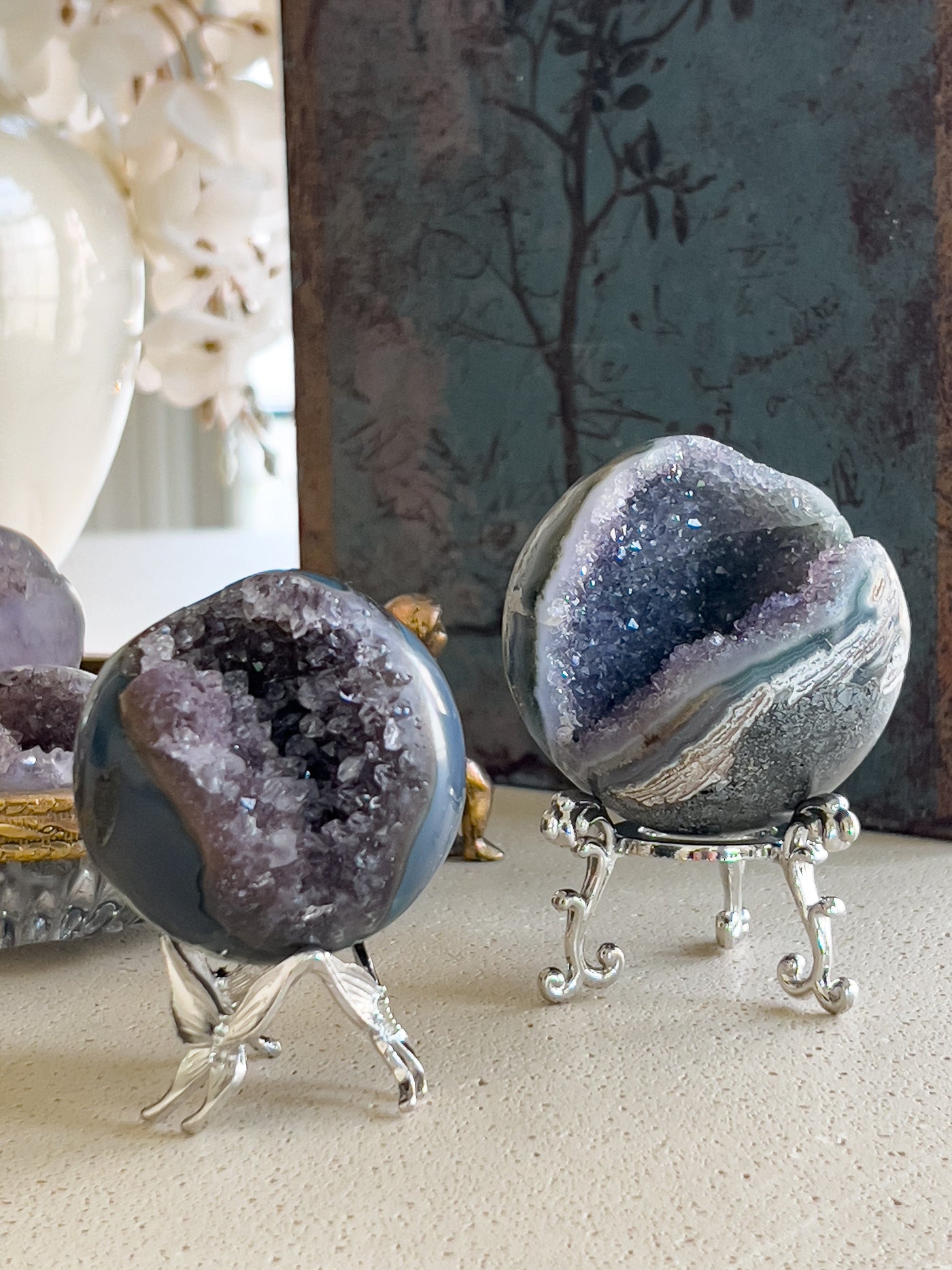 AMETHYST DRUZY GEODE SPHERES Revive In Style Vintage Furniture Painted Refinished Redesign Beautiful One of a Kind Artistic Antique Unique Home Decor Interior Design French Country Shabby Chic Cottage Farmhouse Grandmillenial Coastal Chalk Paint Metallic Glam Eclectic Quality Dovetailed Rustic Furniture Painter Pinterest Bedroom Living Room Entryway Kitchen Home Trends House Styles Decorating ideas