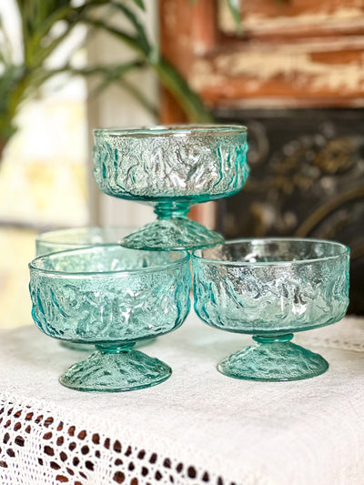 Aqua Marine Glass Pedestal Dessert Bowls by Anchor Hocking (set of 4) Revive In Style Vintage Furniture Painted Refinished Redesign Beautiful One of a Kind Artistic Antique Unique Home Decor Interior Design French Country Shabby Chic Cottage Farmhouse Grandmillenial Coastal Chalk Paint Metallic Glam Eclectic Quality Dovetailed Rustic Furniture Painter Pinterest Bedroom Living Room Entryway Kitchen Home Trends House Styles Decorating ideas