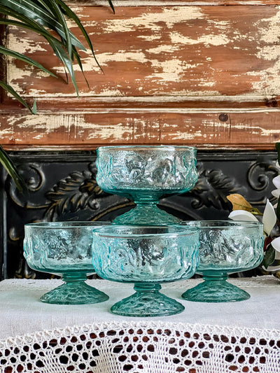 Aqua Marine Glass Pedestal Dessert Bowls by Anchor Hocking (set of 4) Revive In Style Vintage Furniture Painted Refinished Redesign Beautiful One of a Kind Artistic Antique Unique Home Decor Interior Design French Country Shabby Chic Cottage Farmhouse Grandmillenial Coastal Chalk Paint Metallic Glam Eclectic Quality Dovetailed Rustic Furniture Painter Pinterest Bedroom Living Room Entryway Kitchen Home Trends House Styles Decorating ideas