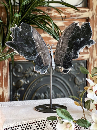 BLACK SPHALERITE BUTTERFLY WINGS WITH DRUZY ON SHIMMERY STAND (XL) Revive In Style Vintage Furniture Painted Refinished Redesign Beautiful One of a Kind Artistic Antique Unique Home Decor Interior Design French Country Shabby Chic Cottage Farmhouse Grandmillenial Coastal Chalk Paint Metallic Glam Eclectic Quality Dovetailed Rustic Furniture Painter Pinterest Bedroom Living Room Entryway Kitchen Home Trends House Styles Decorating ideas