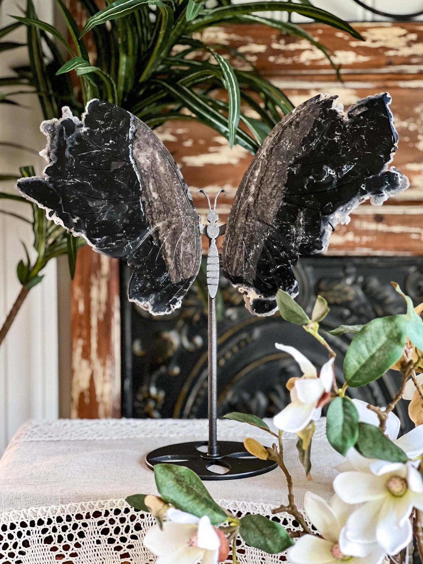 BLACK SPHALERITE BUTTERFLY WINGS WITH DRUZY ON SHIMMERY STAND (XL) Revive In Style Vintage Furniture Painted Refinished Redesign Beautiful One of a Kind Artistic Antique Unique Home Decor Interior Design French Country Shabby Chic Cottage Farmhouse Grandmillenial Coastal Chalk Paint Metallic Glam Eclectic Quality Dovetailed Rustic Furniture Painter Pinterest Bedroom Living Room Entryway Kitchen Home Trends House Styles Decorating ideas