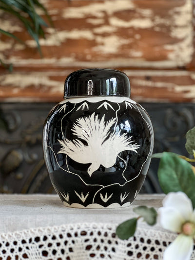 Black & White Sparrow Hand-painted Studio Pottery Revive In Style Vintage Furniture Painted Refinished Redesign Beautiful One of a Kind Artistic Antique Unique Home Decor Interior Design French Country Shabby Chic Cottage Farmhouse Grandmillenial Coastal Chalk Paint Metallic Glam Eclectic Quality Dovetailed Rustic Furniture Painter Pinterest Bedroom Living Room Entryway Kitchen Home Trends House Styles Decorating ideas