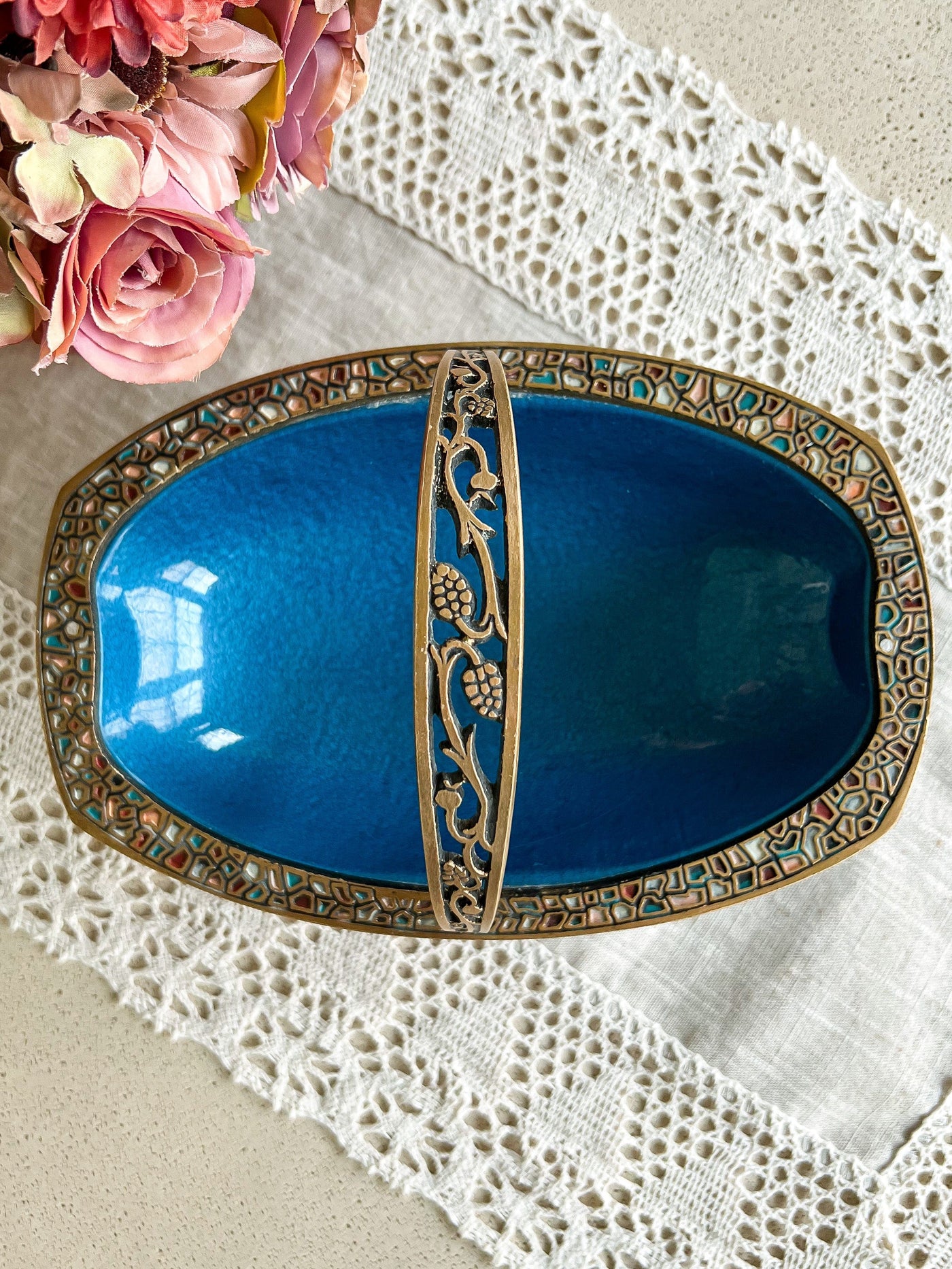 BLUE ENAMEL & BRASS BOWL WITH HANDLE & MOSAIC RIM Revive In Style Vintage Furniture Painted Refinished Redesign Beautiful One of a Kind Artistic Antique Unique Home Decor Interior Design French Country Shabby Chic Cottage Farmhouse Grandmillenial Coastal Chalk Paint Metallic Glam Eclectic Quality Dovetailed Rustic Furniture Painter Pinterest Bedroom Living Room Entryway Kitchen Home Trends House Styles Decorating ideas