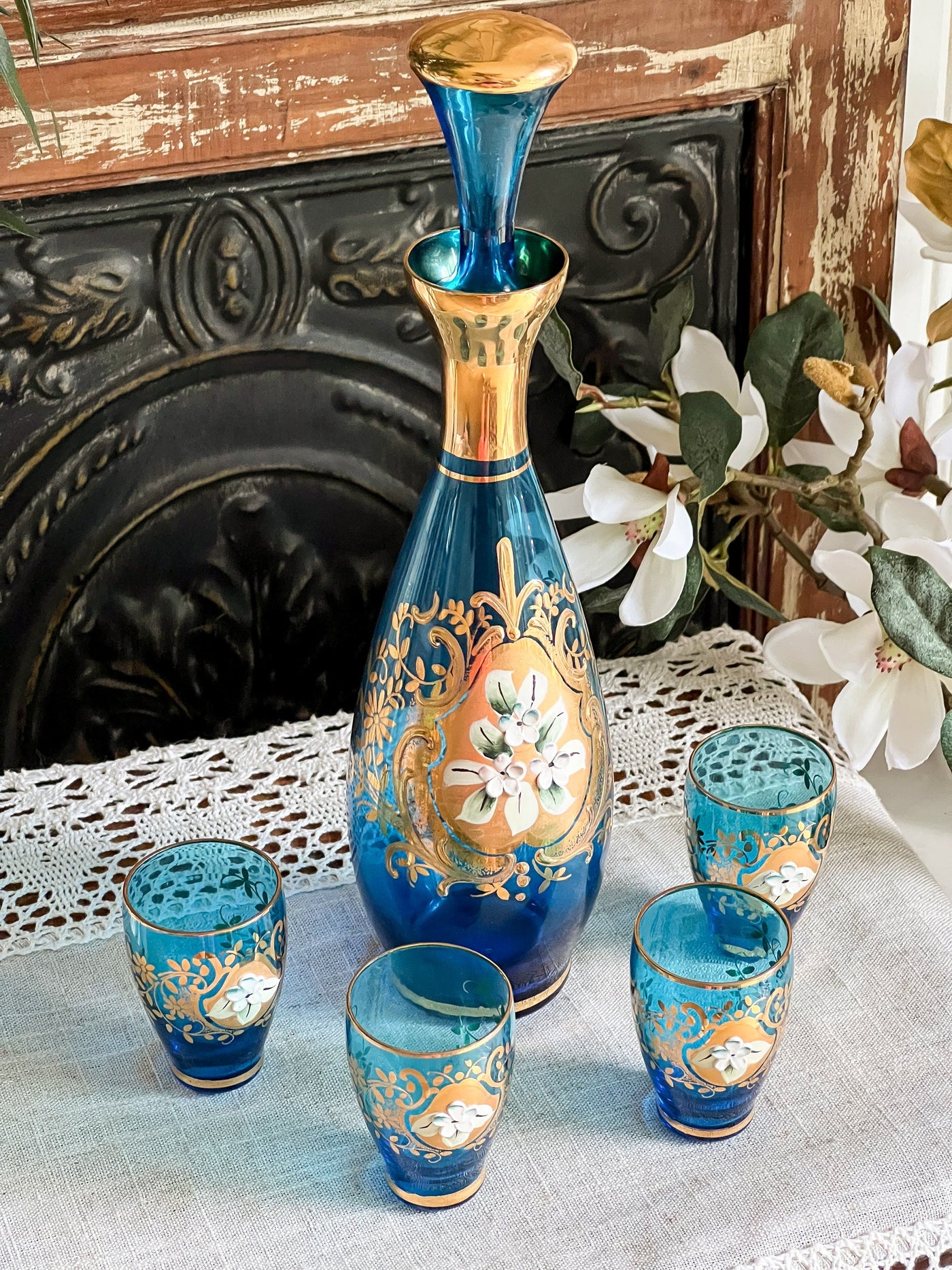 BLUE & GOLD WITH PAINTED FLOWERS CZECH BOHEMIAN DECANTER WITH 6 GLASSES Revive In Style Vintage Furniture Painted Refinished Redesign Beautiful One of a Kind Artistic Antique Unique Home Decor Interior Design French Country Shabby Chic Cottage Farmhouse Grandmillenial Coastal Chalk Paint Metallic Glam Eclectic Quality Dovetailed Rustic Furniture Painter Pinterest Bedroom Living Room Entryway Kitchen Home Trends House Styles Decorating ideas