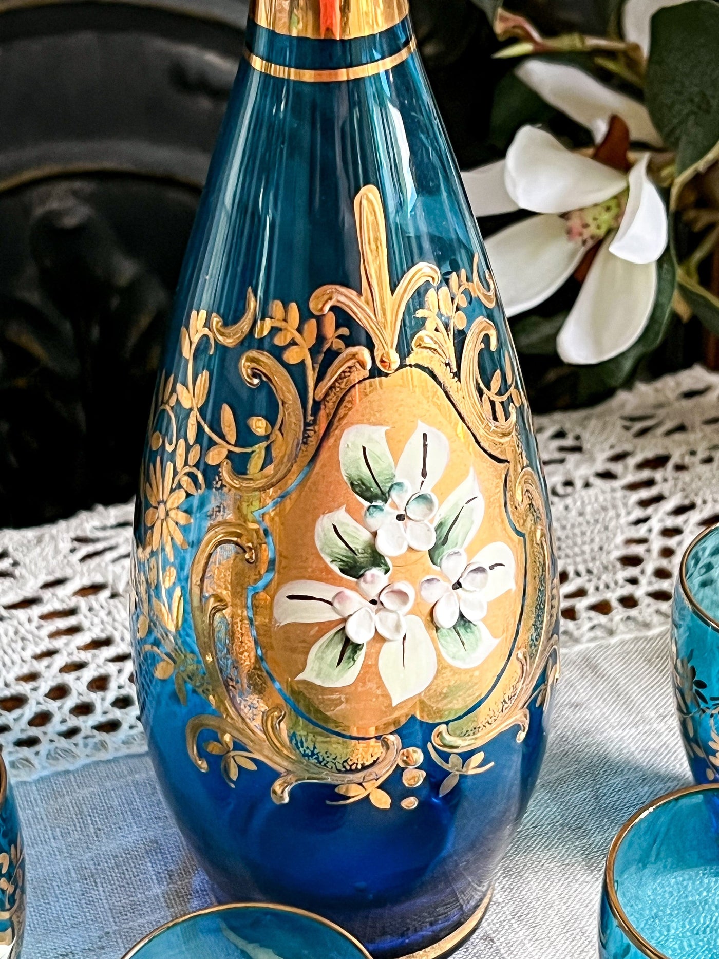 BLUE & GOLD WITH PAINTED FLOWERS CZECH BOHEMIAN DECANTER WITH 6 GLASSES Revive In Style Vintage Furniture Painted Refinished Redesign Beautiful One of a Kind Artistic Antique Unique Home Decor Interior Design French Country Shabby Chic Cottage Farmhouse Grandmillenial Coastal Chalk Paint Metallic Glam Eclectic Quality Dovetailed Rustic Furniture Painter Pinterest Bedroom Living Room Entryway Kitchen Home Trends House Styles Decorating ideas
