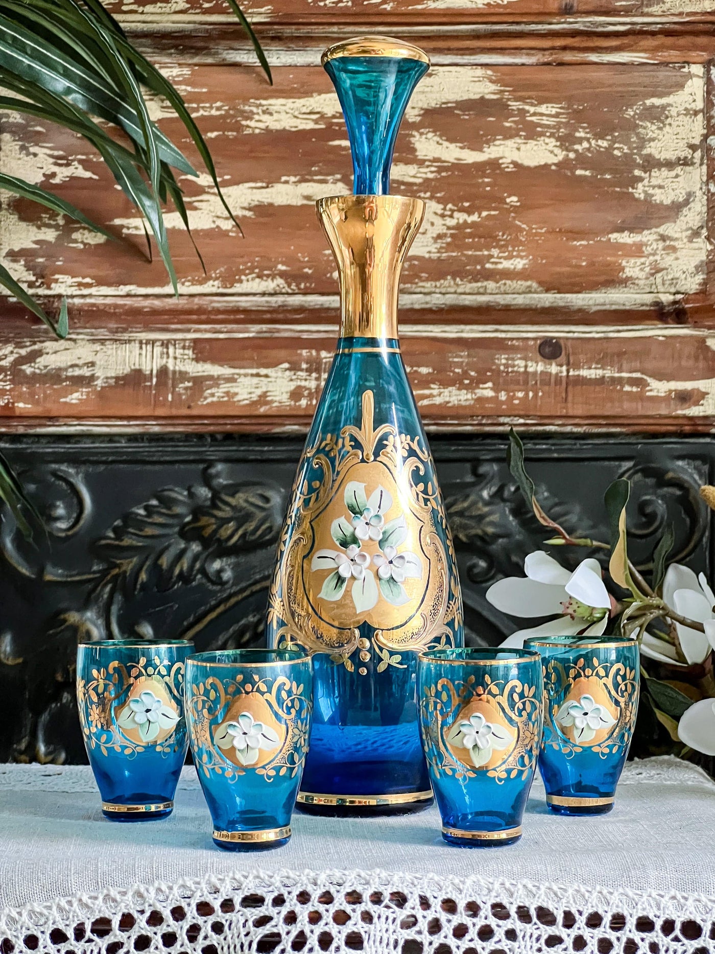 BLUE & GOLD WITH PAINTED FLOWERS CZECH BOHEMIAN DECANTER WITH 6 GLASSES Revive In Style Vintage Furniture Painted Refinished Redesign Beautiful One of a Kind Artistic Antique Unique Home Decor Interior Design French Country Shabby Chic Cottage Farmhouse Grandmillenial Coastal Chalk Paint Metallic Glam Eclectic Quality Dovetailed Rustic Furniture Painter Pinterest Bedroom Living Room Entryway Kitchen Home Trends House Styles Decorating ideas