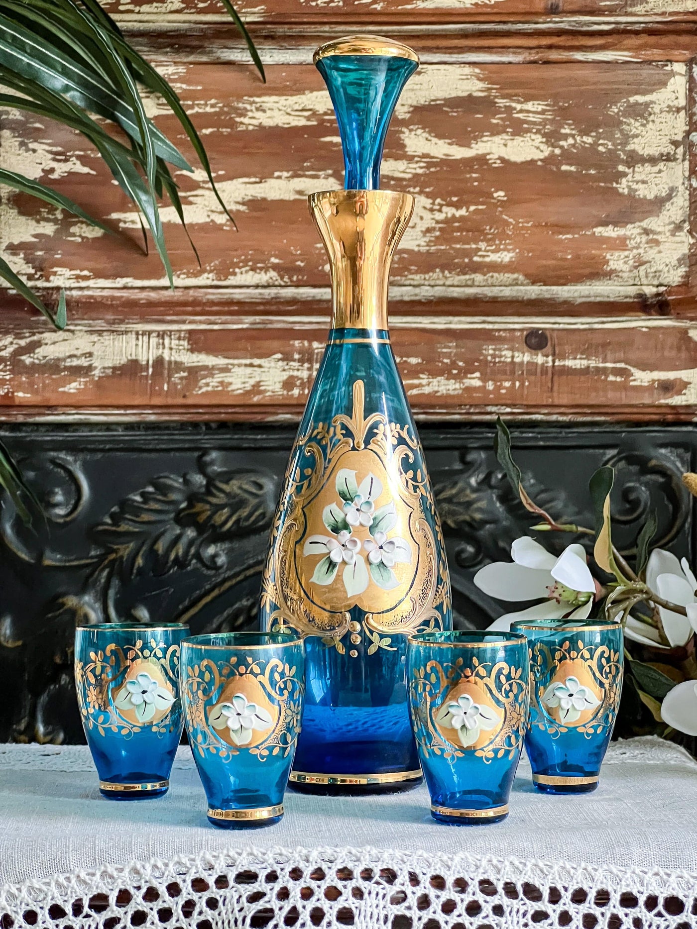 BLUE & GOLD WITH PAINTED FLOWERS CZECH BOHEMIAN DECANTER WITH 6 GLASSES Revive In Style Vintage Furniture Painted Refinished Redesign Beautiful One of a Kind Artistic Antique Unique Home Decor Interior Design French Country Shabby Chic Cottage Farmhouse Grandmillenial Coastal Chalk Paint Metallic Glam Eclectic Quality Dovetailed Rustic Furniture Painter Pinterest Bedroom Living Room Entryway Kitchen Home Trends House Styles Decorating ideas