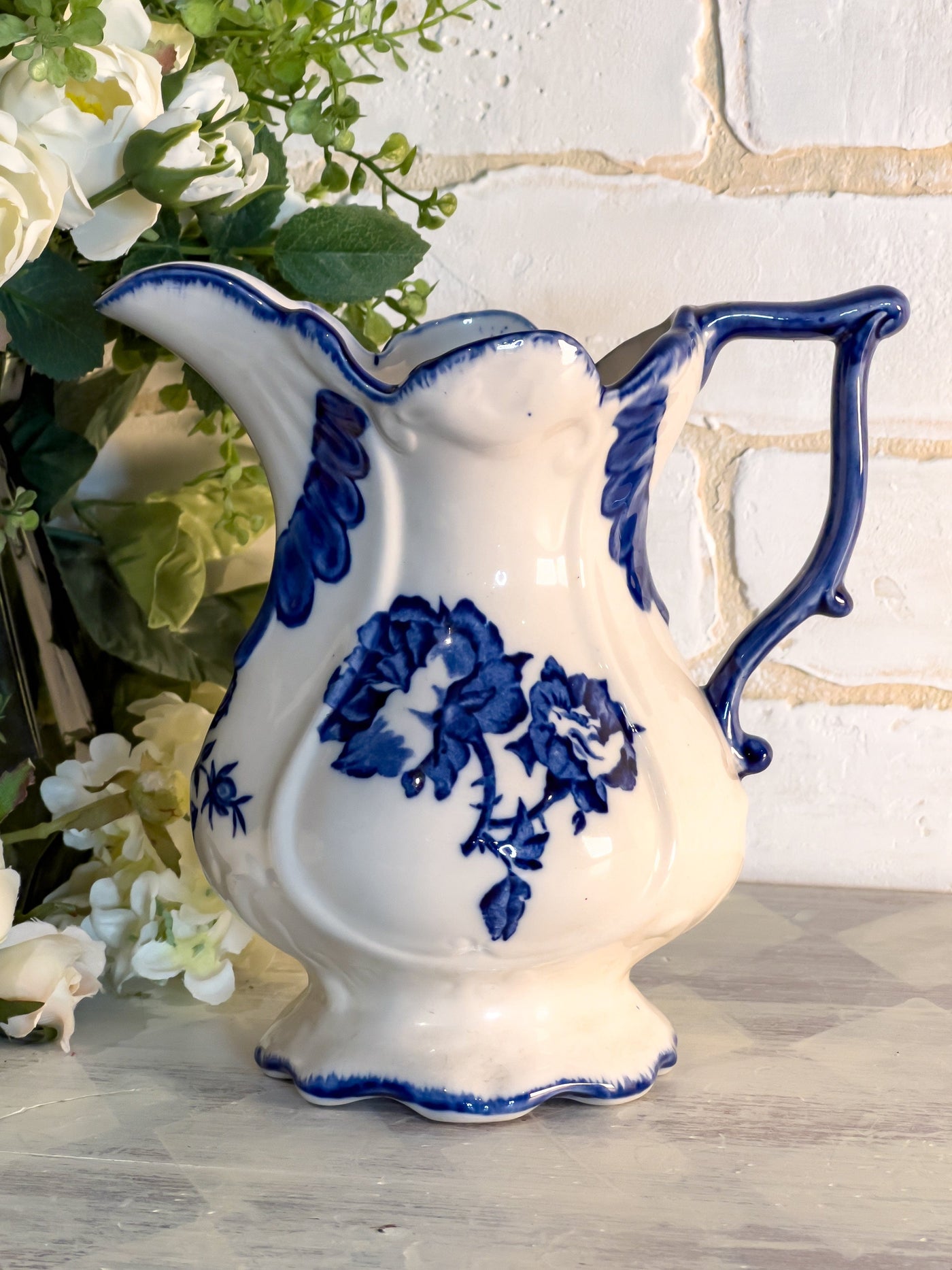 BLUE & WHITE VINTAGE IRONSTONE PITCHER / VASE Revive In Style Vintage Furniture Painted Refinished Redesign Beautiful One of a Kind Artistic Antique Unique Home Decor Interior Design French Country Shabby Chic Cottage Farmhouse Grandmillenial Coastal Chalk Paint Metallic Glam Eclectic Quality Dovetailed Rustic Furniture Painter Pinterest Bedroom Living Room Entryway Kitchen Home Trends House Styles Decorating ideas