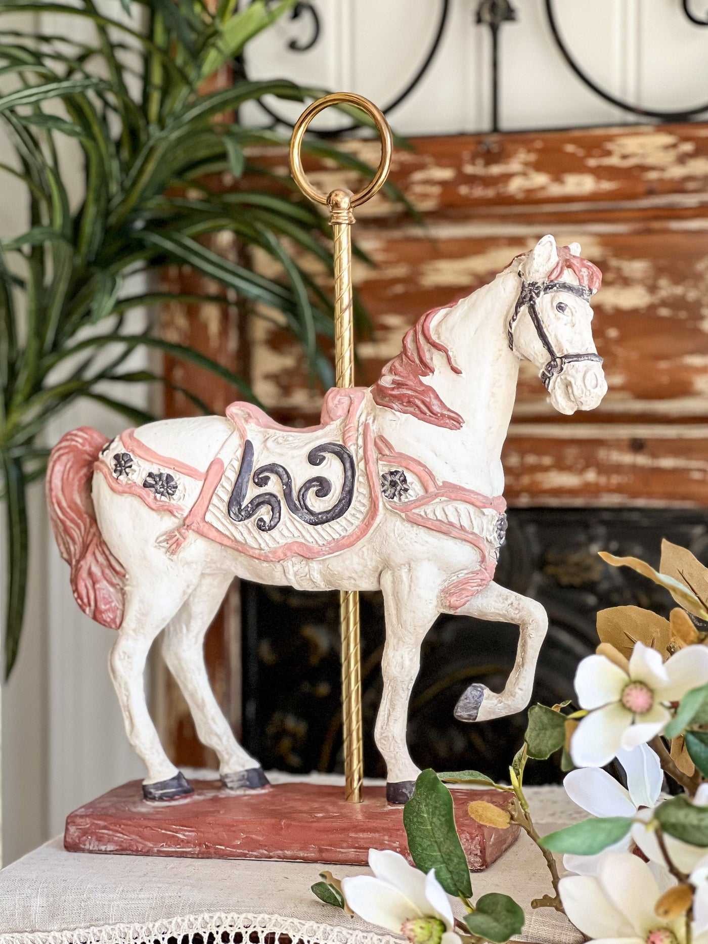 Carousel Horse Sculpture Statue by Austin Productions (1983) Revive In Style Vintage Furniture Painted Refinished Redesign Beautiful One of a Kind Artistic Antique Unique Home Decor Interior Design French Country Shabby Chic Cottage Farmhouse Grandmillenial Coastal Chalk Paint Metallic Glam Eclectic Quality Dovetailed Rustic Furniture Painter Pinterest Bedroom Living Room Entryway Kitchen Home Trends House Styles Decorating ideas