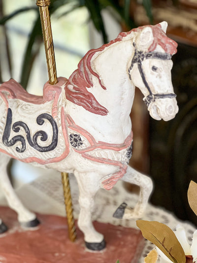 Carousel Horse Sculpture Statue by Austin Productions (1983) Revive In Style Vintage Furniture Painted Refinished Redesign Beautiful One of a Kind Artistic Antique Unique Home Decor Interior Design French Country Shabby Chic Cottage Farmhouse Grandmillenial Coastal Chalk Paint Metallic Glam Eclectic Quality Dovetailed Rustic Furniture Painter Pinterest Bedroom Living Room Entryway Kitchen Home Trends House Styles Decorating ideas