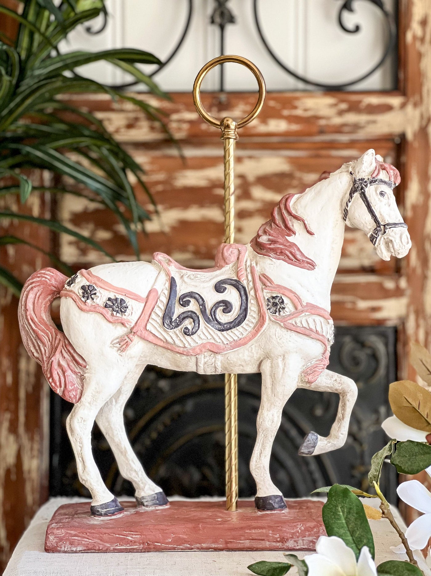 Carousel Horse Sculpture Statue by Austin Productions (1983) Revive In Style Vintage Furniture Painted Refinished Redesign Beautiful One of a Kind Artistic Antique Unique Home Decor Interior Design French Country Shabby Chic Cottage Farmhouse Grandmillenial Coastal Chalk Paint Metallic Glam Eclectic Quality Dovetailed Rustic Furniture Painter Pinterest Bedroom Living Room Entryway Kitchen Home Trends House Styles Decorating ideas