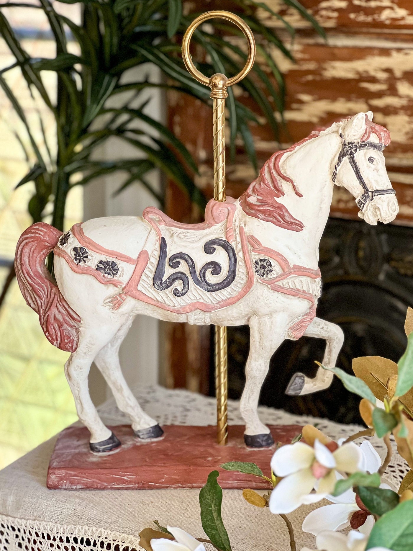 Carousel Horse Sculpture Statue by Austin Productions (1983) Revive In Style Vintage Furniture Painted Refinished Redesign Beautiful One of a Kind Artistic Antique Unique Home Decor Interior Design French Country Shabby Chic Cottage Farmhouse Grandmillenial Coastal Chalk Paint Metallic Glam Eclectic Quality Dovetailed Rustic Furniture Painter Pinterest Bedroom Living Room Entryway Kitchen Home Trends House Styles Decorating ideas