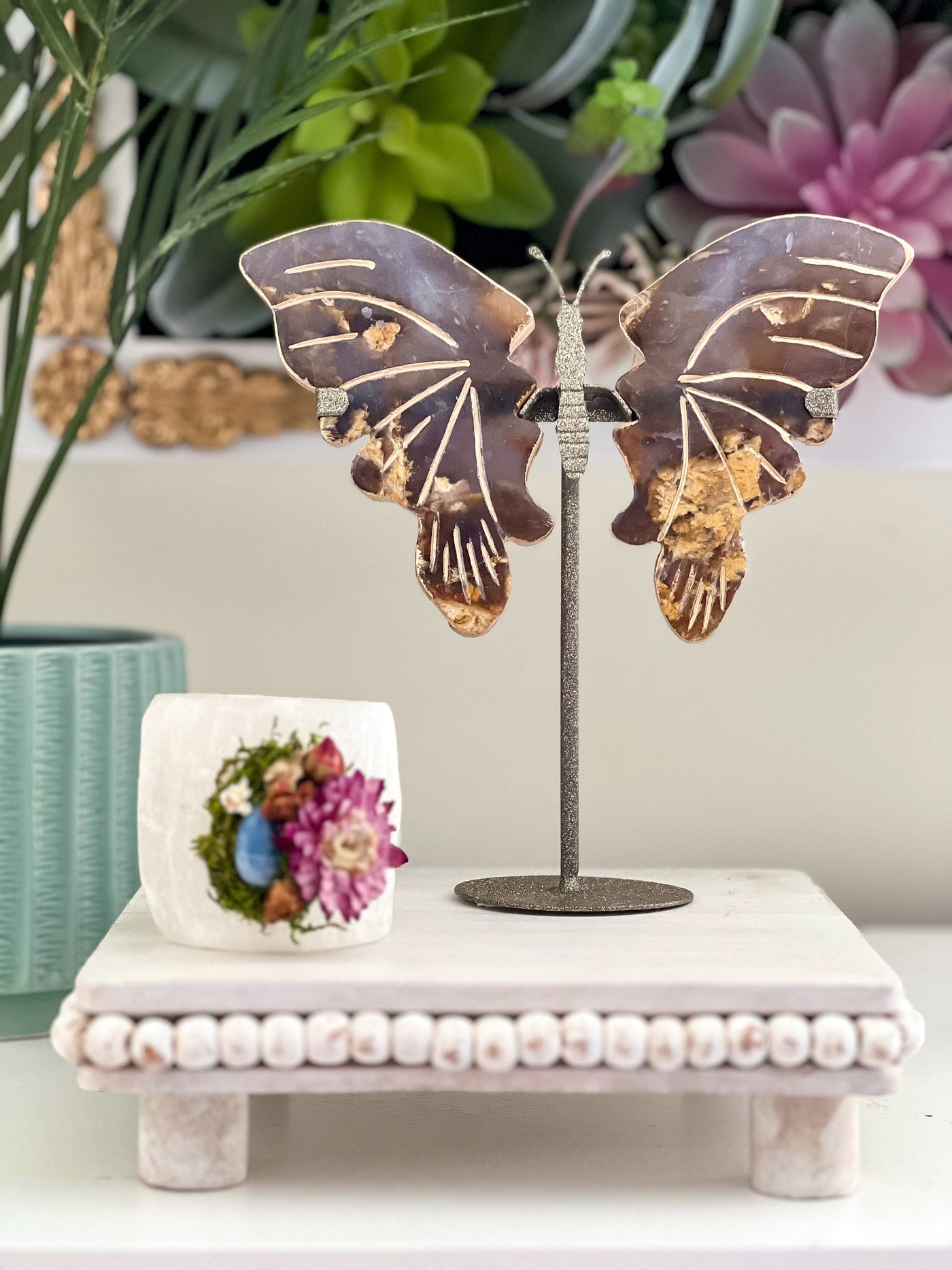 CHALCEDONY BUTTERFLY WINGS WITH GOLD LEAF ON SHIMMERY STAND Revive In Style Vintage Furniture Painted Refinished Redesign Beautiful One of a Kind Artistic Antique Unique Home Decor Interior Design French Country Shabby Chic Cottage Farmhouse Grandmillenial Coastal Chalk Paint Metallic Glam Eclectic Quality Dovetailed Rustic Furniture Painter Pinterest Bedroom Living Room Entryway Kitchen Home Trends House Styles Decorating ideas