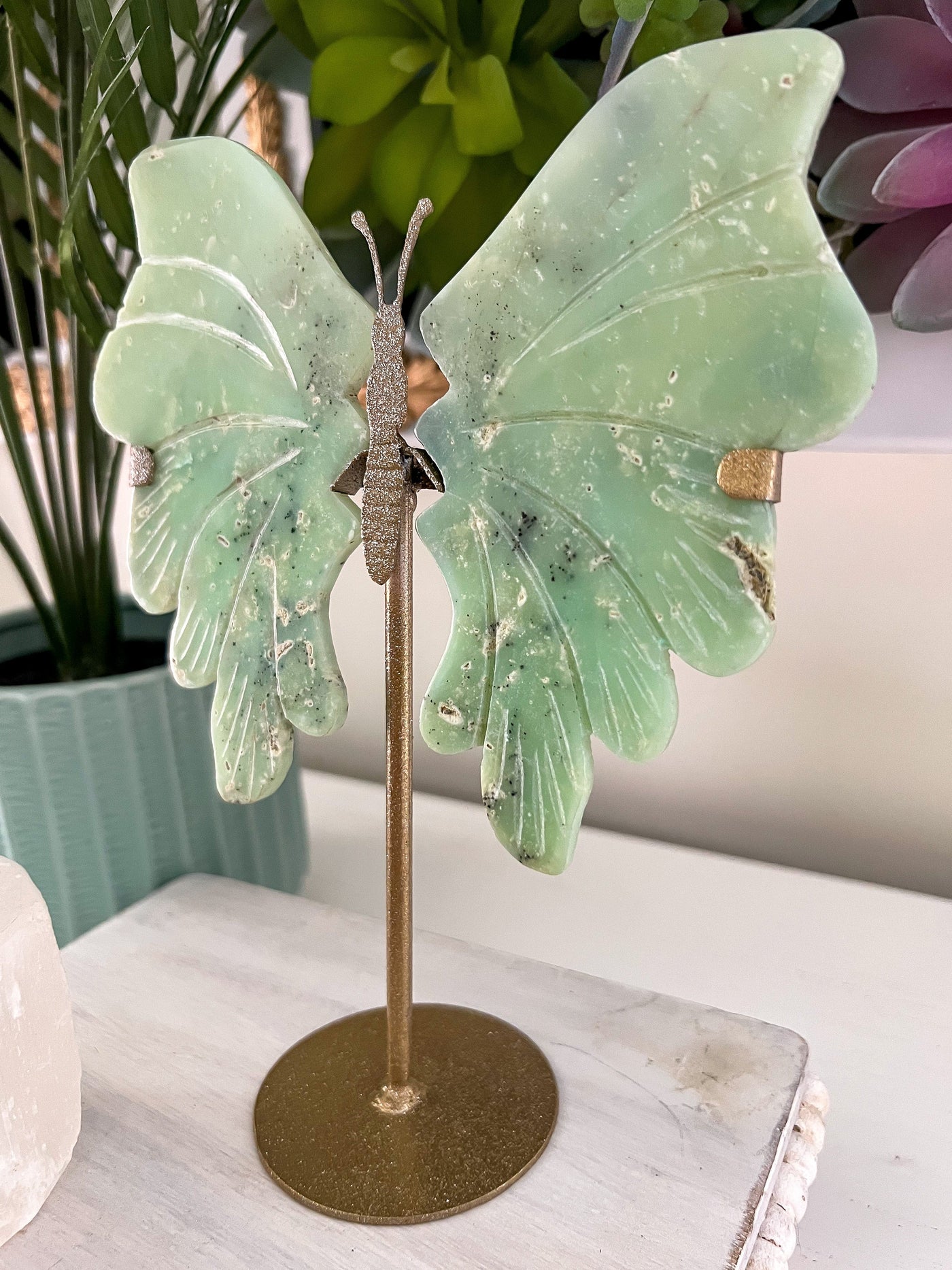 CHRYSOPRASE BUTTERFLY WINGS ON SHIMMERY STAND Revive In Style Vintage Furniture Painted Refinished Redesign Beautiful One of a Kind Artistic Antique Unique Home Decor Interior Design French Country Shabby Chic Cottage Farmhouse Grandmillenial Coastal Chalk Paint Metallic Glam Eclectic Quality Dovetailed Rustic Furniture Painter Pinterest Bedroom Living Room Entryway Kitchen Home Trends House Styles Decorating ideas
