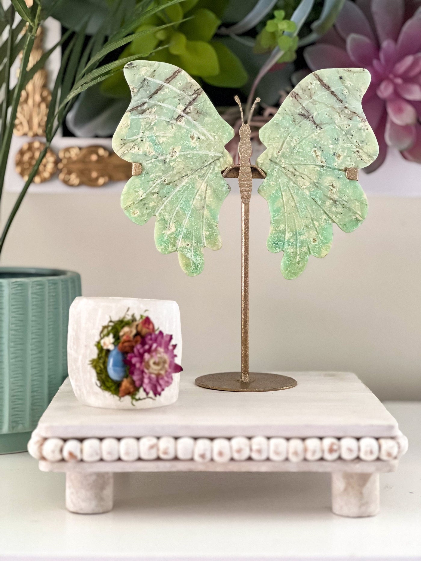 CHRYSOPRASE BUTTERFLY WINGS ON SHIMMERY STAND Revive In Style Vintage Furniture Painted Refinished Redesign Beautiful One of a Kind Artistic Antique Unique Home Decor Interior Design French Country Shabby Chic Cottage Farmhouse Grandmillenial Coastal Chalk Paint Metallic Glam Eclectic Quality Dovetailed Rustic Furniture Painter Pinterest Bedroom Living Room Entryway Kitchen Home Trends House Styles Decorating ideas