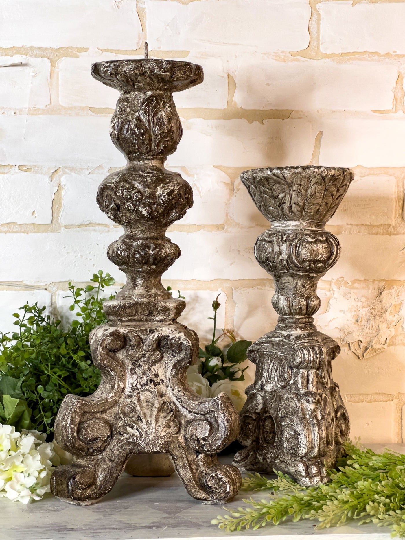 Chunky & Antiqued Candleholders (set of 2) Revive In Style Vintage Furniture Painted Refinished Redesign Beautiful One of a Kind Artistic Antique Unique Home Decor Interior Design French Country Shabby Chic Cottage Farmhouse Grandmillenial Coastal Chalk Paint Metallic Glam Eclectic Quality Dovetailed Rustic Furniture Painter Pinterest Bedroom Living Room Entryway Kitchen Home Trends House Styles Decorating ideas