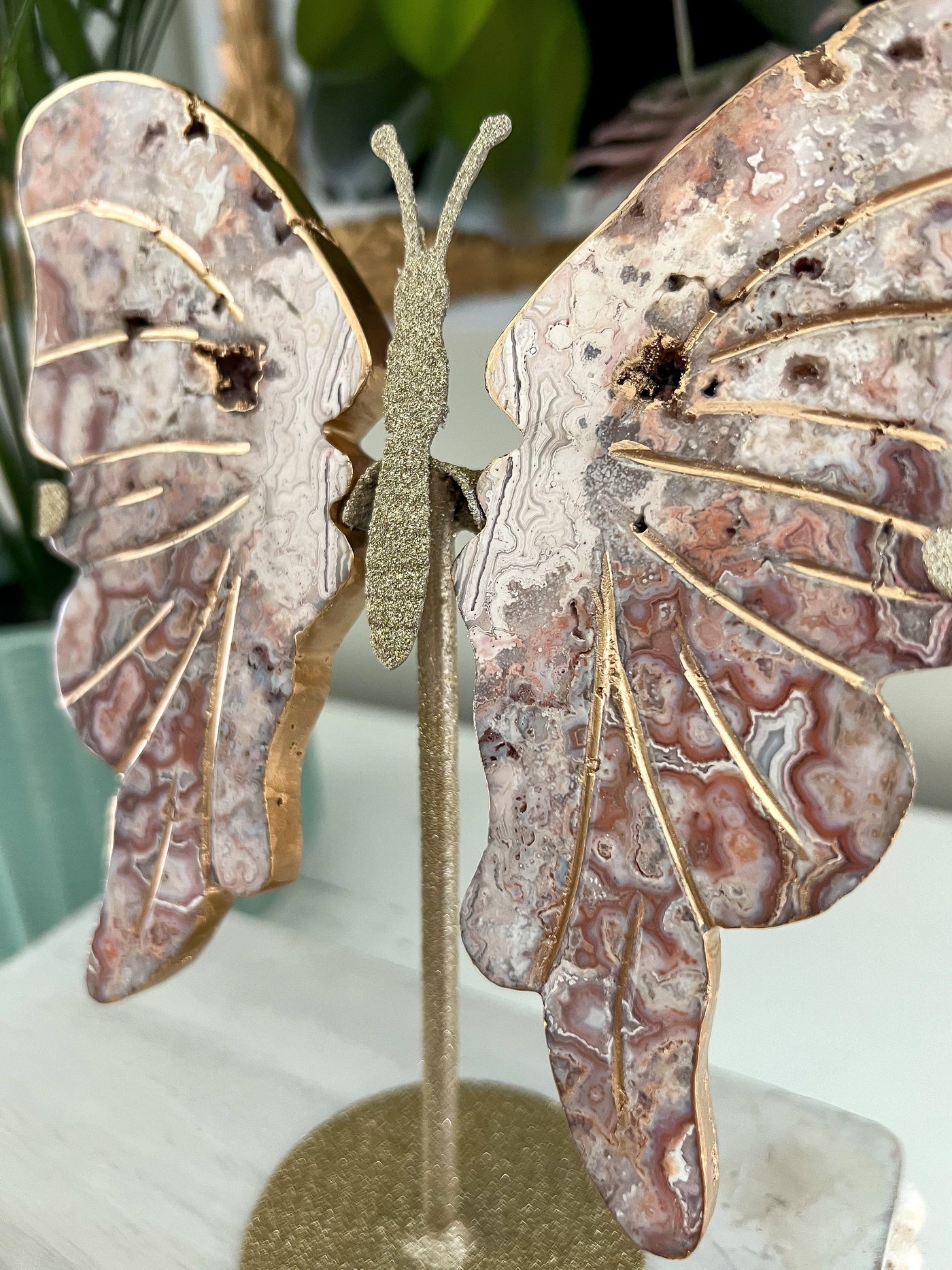 CRAZY LACE AGATE BUTTERFLY WINGS WITH GOLD LEAF ON SHIMMERY STAND (MEDIUM) Revive In Style Vintage Furniture Painted Refinished Redesign Beautiful One of a Kind Artistic Antique Unique Home Decor Interior Design French Country Shabby Chic Cottage Farmhouse Grandmillenial Coastal Chalk Paint Metallic Glam Eclectic Quality Dovetailed Rustic Furniture Painter Pinterest Bedroom Living Room Entryway Kitchen Home Trends House Styles Decorating ideas