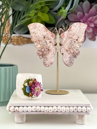 CRAZY LACE AGATE BUTTERFLY WINGS WITH GOLD LEAF ON SHIMMERY STAND (MEDIUM) Revive In Style Vintage Furniture Painted Refinished Redesign Beautiful One of a Kind Artistic Antique Unique Home Decor Interior Design French Country Shabby Chic Cottage Farmhouse Grandmillenial Coastal Chalk Paint Metallic Glam Eclectic Quality Dovetailed Rustic Furniture Painter Pinterest Bedroom Living Room Entryway Kitchen Home Trends House Styles Decorating ideas