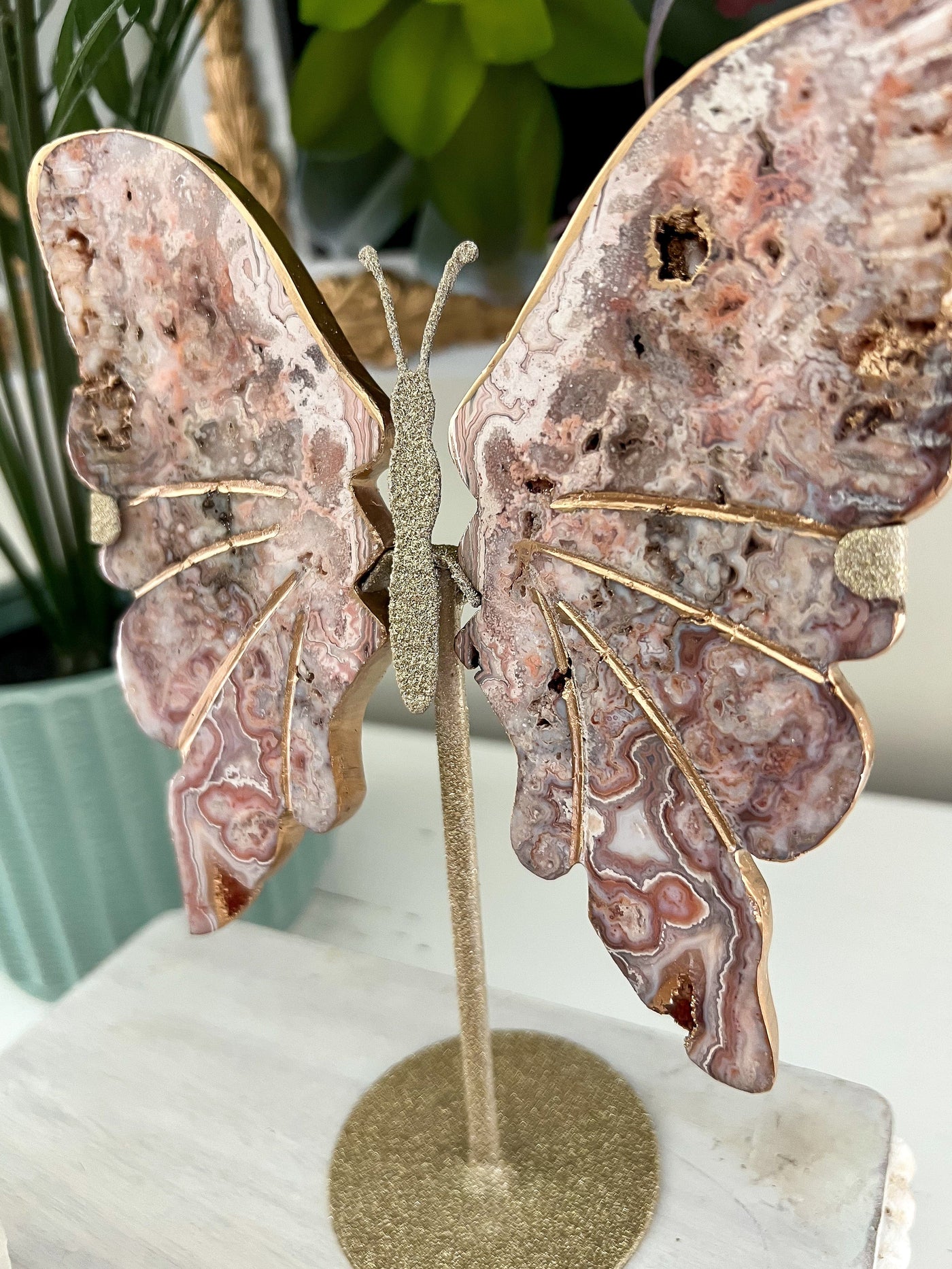 CRAZY LACE AGATE BUTTERFLY WINGS WITH GOLD LEAF ON SHIMMERY STAND (MEDIUM) Revive In Style Vintage Furniture Painted Refinished Redesign Beautiful One of a Kind Artistic Antique Unique Home Decor Interior Design French Country Shabby Chic Cottage Farmhouse Grandmillenial Coastal Chalk Paint Metallic Glam Eclectic Quality Dovetailed Rustic Furniture Painter Pinterest Bedroom Living Room Entryway Kitchen Home Trends House Styles Decorating ideas