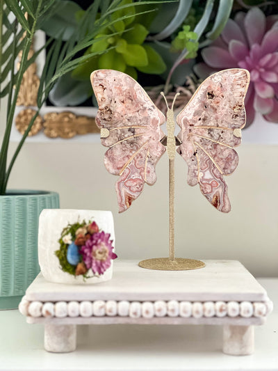 CRAZY LACE AGATE BUTTERFLY WINGS WITH GOLD LEAF ON SHIMMERY STAND (MEDIUM) Revive In Style Vintage Furniture Painted Refinished Redesign Beautiful One of a Kind Artistic Antique Unique Home Decor Interior Design French Country Shabby Chic Cottage Farmhouse Grandmillenial Coastal Chalk Paint Metallic Glam Eclectic Quality Dovetailed Rustic Furniture Painter Pinterest Bedroom Living Room Entryway Kitchen Home Trends House Styles Decorating ideas