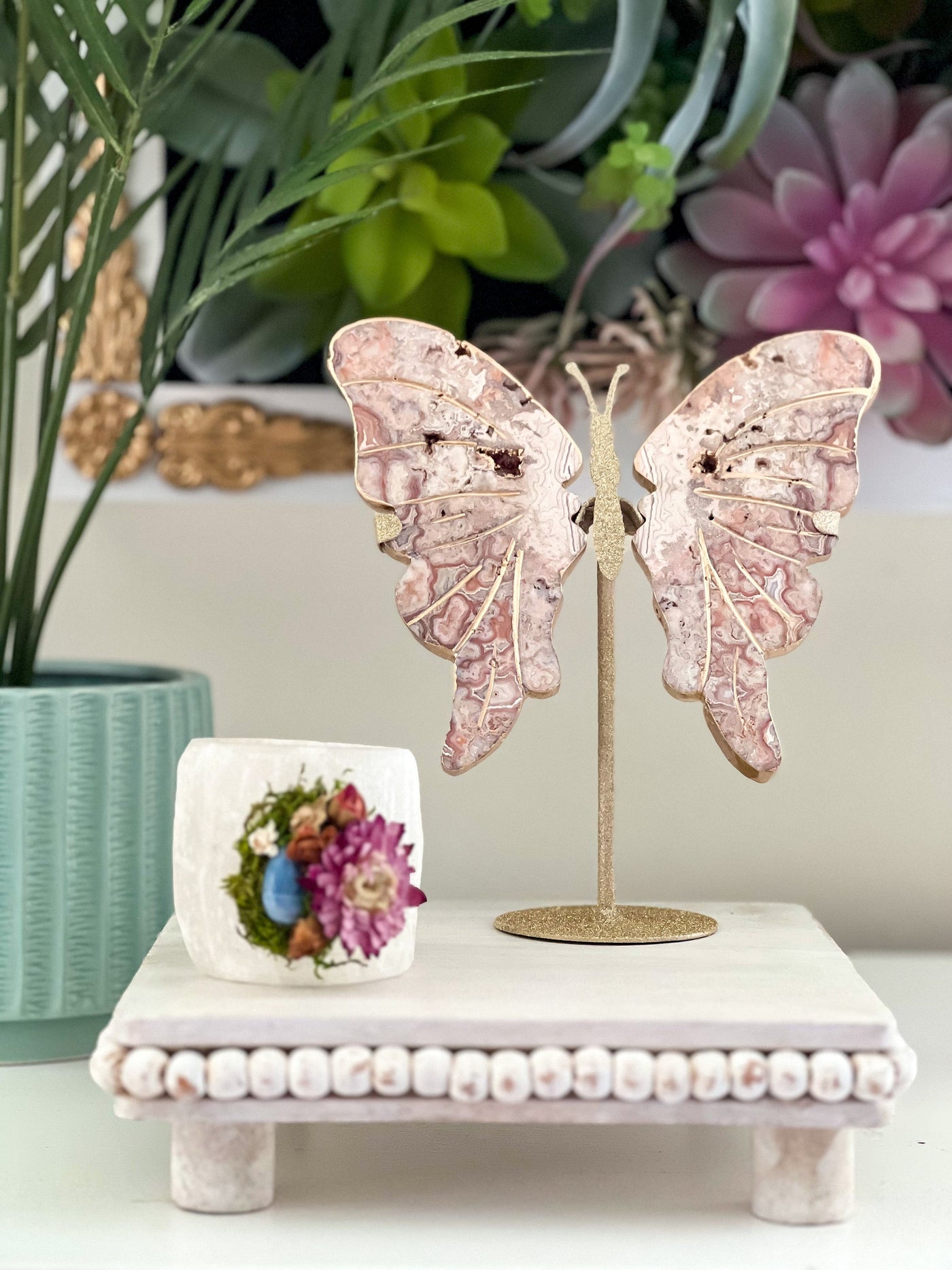 CRAZY LACE AGATE BUTTERFLY WINGS WITH GOLD LEAF ON SHIMMERY STAND (MEDIUM) Revive In Style Vintage Furniture Painted Refinished Redesign Beautiful One of a Kind Artistic Antique Unique Home Decor Interior Design French Country Shabby Chic Cottage Farmhouse Grandmillenial Coastal Chalk Paint Metallic Glam Eclectic Quality Dovetailed Rustic Furniture Painter Pinterest Bedroom Living Room Entryway Kitchen Home Trends House Styles Decorating ideas