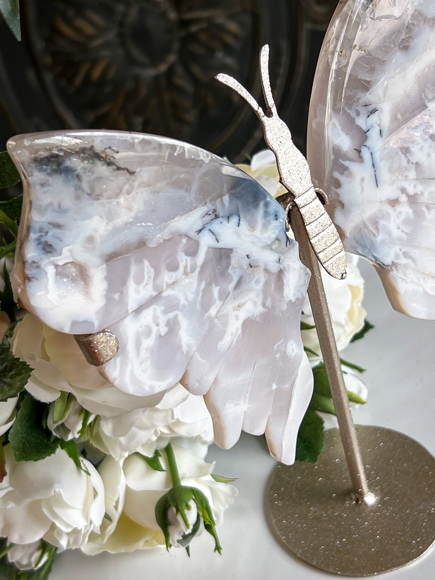 DENDRITIC BUTTERFLY WINGS ON SHIMMERY STAND (MEDIUM) Revive In Style Vintage Furniture Painted Refinished Redesign Beautiful One of a Kind Artistic Antique Unique Home Decor Interior Design French Country Shabby Chic Cottage Farmhouse Grandmillenial Coastal Chalk Paint Metallic Glam Eclectic Quality Dovetailed Rustic Furniture Painter Pinterest Bedroom Living Room Entryway Kitchen Home Trends House Styles Decorating ideas