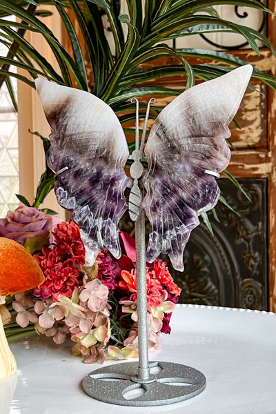 DREAM CHEVRON AMETHYST BUTTERFLY WINGS ON SHIMMERY STAND (MEDIUM) Revive In Style Vintage Furniture Painted Refinished Redesign Beautiful One of a Kind Artistic Antique Unique Home Decor Interior Design French Country Shabby Chic Cottage Farmhouse Grandmillenial Coastal Chalk Paint Metallic Glam Eclectic Quality Dovetailed Rustic Furniture Painter Pinterest Bedroom Living Room Entryway Kitchen Home Trends House Styles Decorating ideas