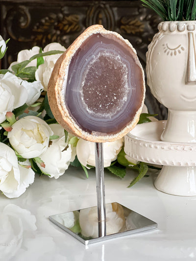 DRUZY AGATE GEODE ON SILVER STAND Revive In Style Vintage Furniture Painted Refinished Redesign Beautiful One of a Kind Artistic Antique Unique Home Decor Interior Design French Country Shabby Chic Cottage Farmhouse Grandmillenial Coastal Chalk Paint Metallic Glam Eclectic Quality Dovetailed Rustic Furniture Painter Pinterest Bedroom Living Room Entryway Kitchen Home Trends House Styles Decorating ideas