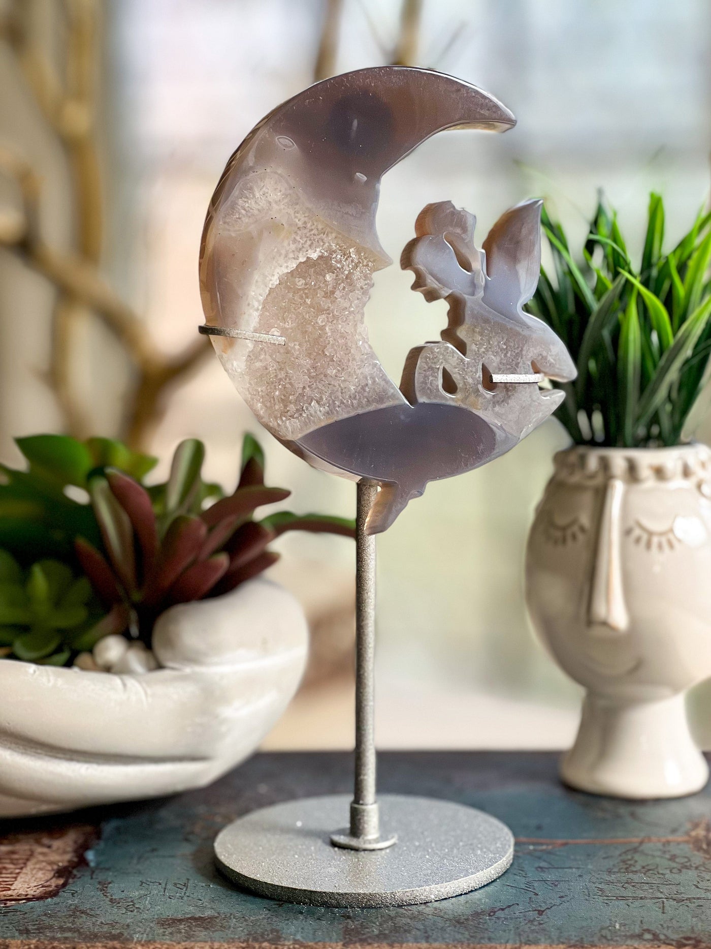 FAIRY MOON DRUZY AGATE ON SHIMMERY STAND (LARGE) Revive In Style Vintage Furniture Painted Refinished Redesign Beautiful One of a Kind Artistic Antique Unique Home Decor Interior Design French Country Shabby Chic Cottage Farmhouse Grandmillenial Coastal Chalk Paint Metallic Glam Eclectic Quality Dovetailed Rustic Furniture Painter Pinterest Bedroom Living Room Entryway Kitchen Home Trends House Styles Decorating ideas