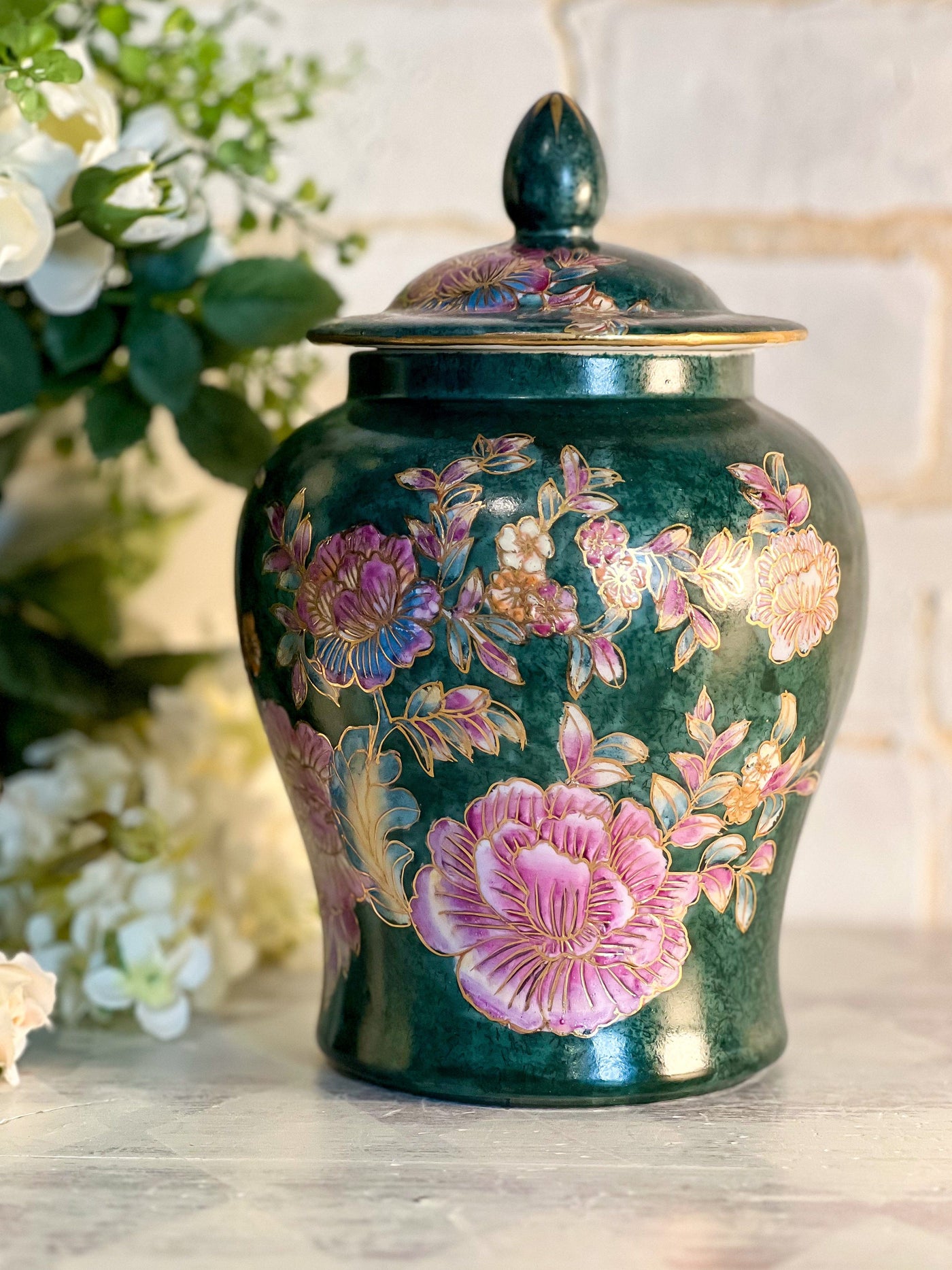 FLORAL & GOLD LEAF ASIAN MOTIF VINTAGE JAR Revive In Style Vintage Furniture Painted Refinished Redesign Beautiful One of a Kind Artistic Antique Unique Home Decor Interior Design French Country Shabby Chic Cottage Farmhouse Grandmillenial Coastal Chalk Paint Metallic Glam Eclectic Quality Dovetailed Rustic Furniture Painter Pinterest Bedroom Living Room Entryway Kitchen Home Trends House Styles Decorating ideas