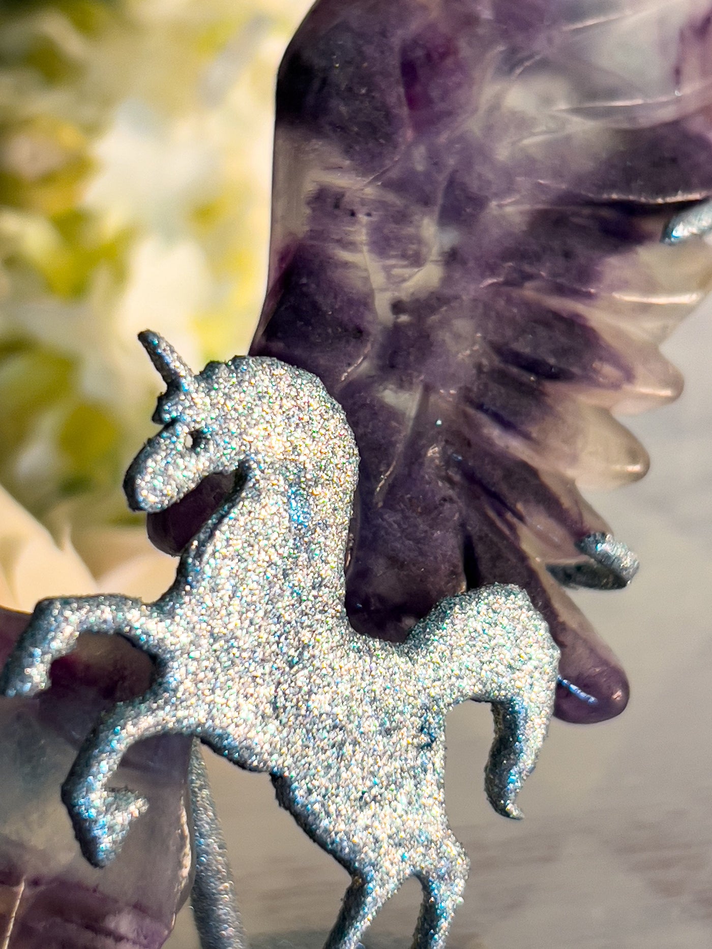 FLUORITE UNICORN WINGS ON PURPLE GLITTER STAND Revive In Style Vintage Furniture Painted Refinished Redesign Beautiful One of a Kind Artistic Antique Unique Home Decor Interior Design French Country Shabby Chic Cottage Farmhouse Grandmillenial Coastal Chalk Paint Metallic Glam Eclectic Quality Dovetailed Rustic Furniture Painter Pinterest Bedroom Living Room Entryway Kitchen Home Trends House Styles Decorating ideas