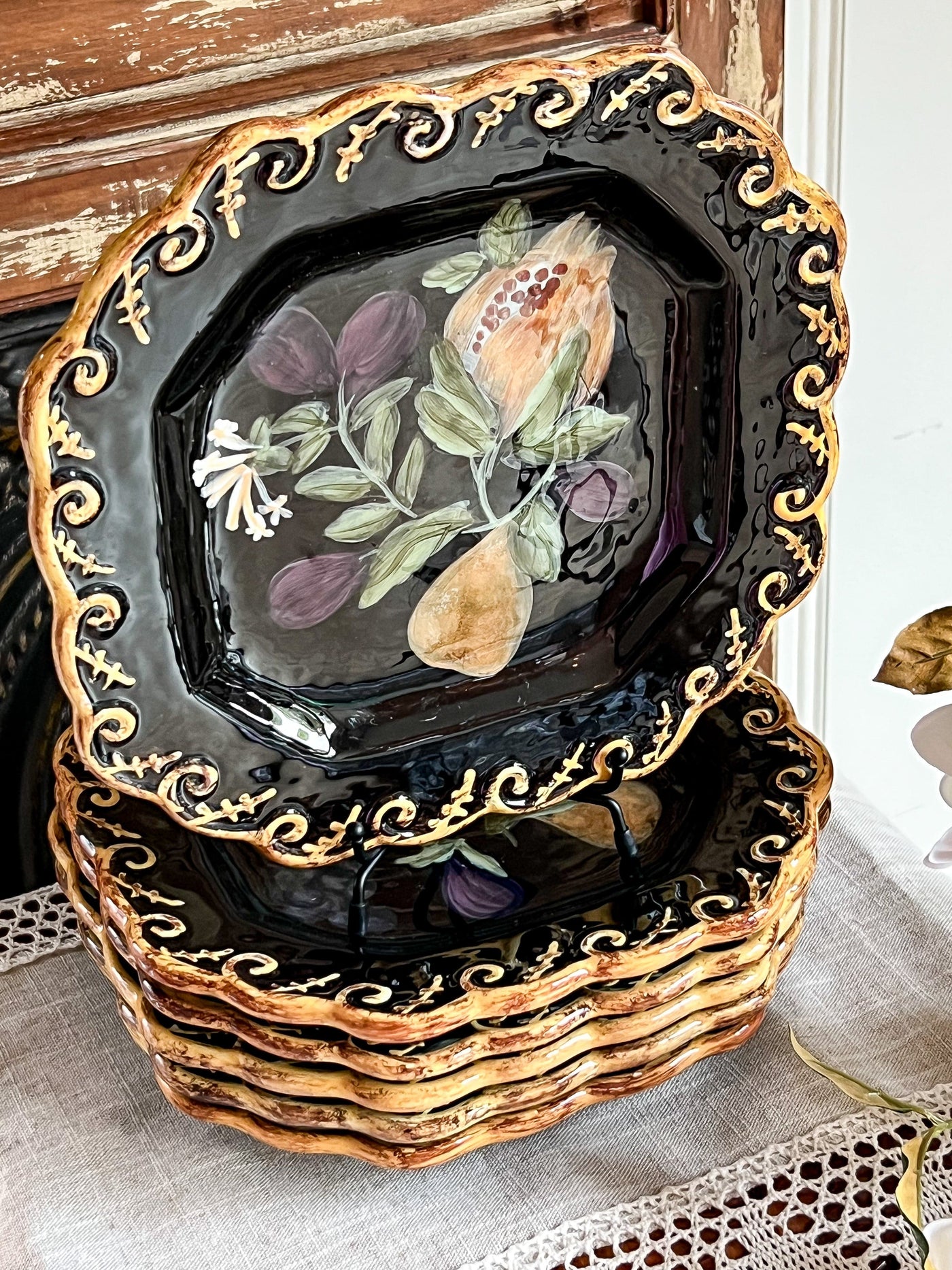 FRENCH COUNTRY POMPEII DESSERT / SALAD DISHES BY RAYMOND WAITES - SET OF 6 Revive In Style Vintage Furniture Painted Refinished Redesign Beautiful One of a Kind Artistic Antique Unique Home Decor Interior Design French Country Shabby Chic Cottage Farmhouse Grandmillenial Coastal Chalk Paint Metallic Glam Eclectic Quality Dovetailed Rustic Furniture Painter Pinterest Bedroom Living Room Entryway Kitchen Home Trends House Styles Decorating ideas