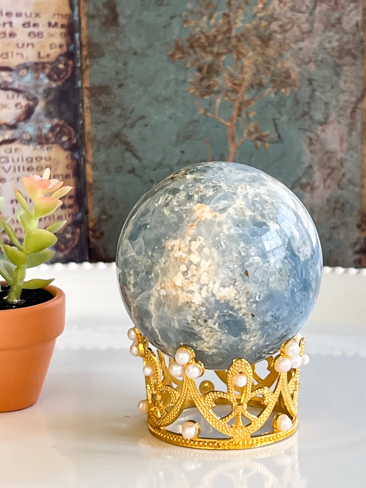 GOLD CROWN SPHERE STAND Revive In Style Vintage Furniture Painted Refinished Redesign Beautiful One of a Kind Artistic Antique Unique Home Decor Interior Design French Country Shabby Chic Cottage Farmhouse Grandmillenial Coastal Chalk Paint Metallic Glam Eclectic Quality Dovetailed Rustic Furniture Painter Pinterest Bedroom Living Room Entryway Kitchen Home Trends House Styles Decorating ideas