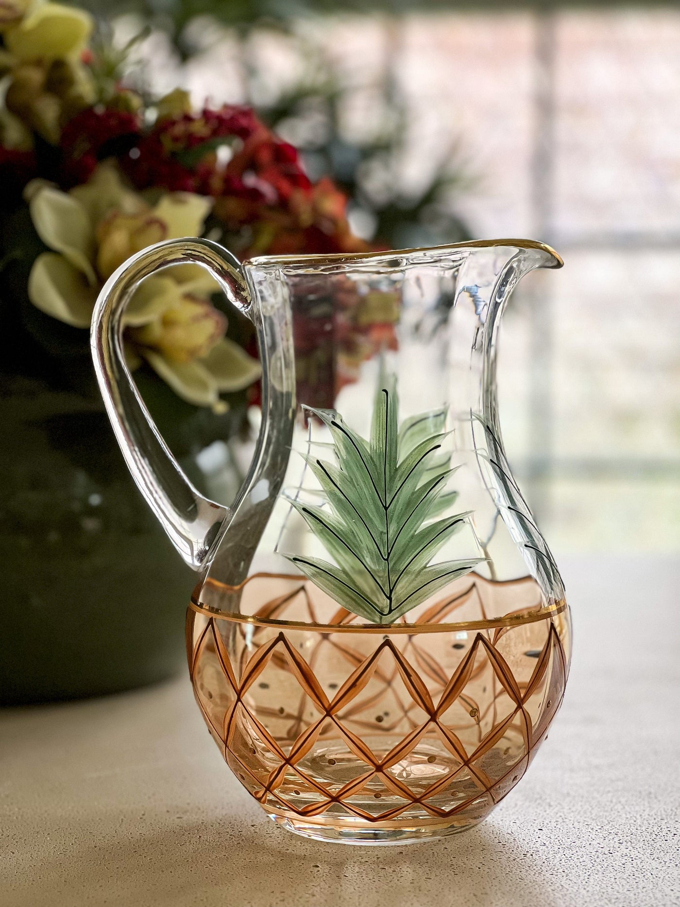 Hand-Painted Romanian Mouth Blown Optic Glass Pineapple Pitcher with 22K Gold Accents (1970's) Revive In Style Vintage Furniture Painted Refinished Redesign Beautiful One of a Kind Artistic Antique Unique Home Decor Interior Design French Country Shabby Chic Cottage Farmhouse Grandmillenial Coastal Chalk Paint Metallic Glam Eclectic Quality Dovetailed Rustic Furniture Painter Pinterest Bedroom Living Room Entryway Kitchen Home Trends House Styles Decorating ideas