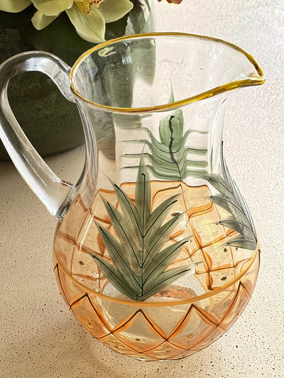 Hand-Painted Romanian Mouth Blown Optic Glass Pineapple Pitcher with 22K Gold Accents (1970's) Revive In Style Vintage Furniture Painted Refinished Redesign Beautiful One of a Kind Artistic Antique Unique Home Decor Interior Design French Country Shabby Chic Cottage Farmhouse Grandmillenial Coastal Chalk Paint Metallic Glam Eclectic Quality Dovetailed Rustic Furniture Painter Pinterest Bedroom Living Room Entryway Kitchen Home Trends House Styles Decorating ideas
