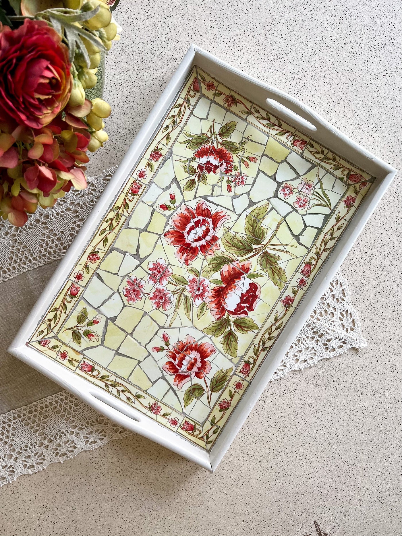Handcrafted Vintage Red Floral Mosaic Serving Tray Revive In Style Vintage Furniture Painted Refinished Redesign Beautiful One of a Kind Artistic Antique Unique Home Decor Interior Design French Country Shabby Chic Cottage Farmhouse Grandmillenial Coastal Chalk Paint Metallic Glam Eclectic Quality Dovetailed Rustic Furniture Painter Pinterest Bedroom Living Room Entryway Kitchen Home Trends House Styles Decorating ideas