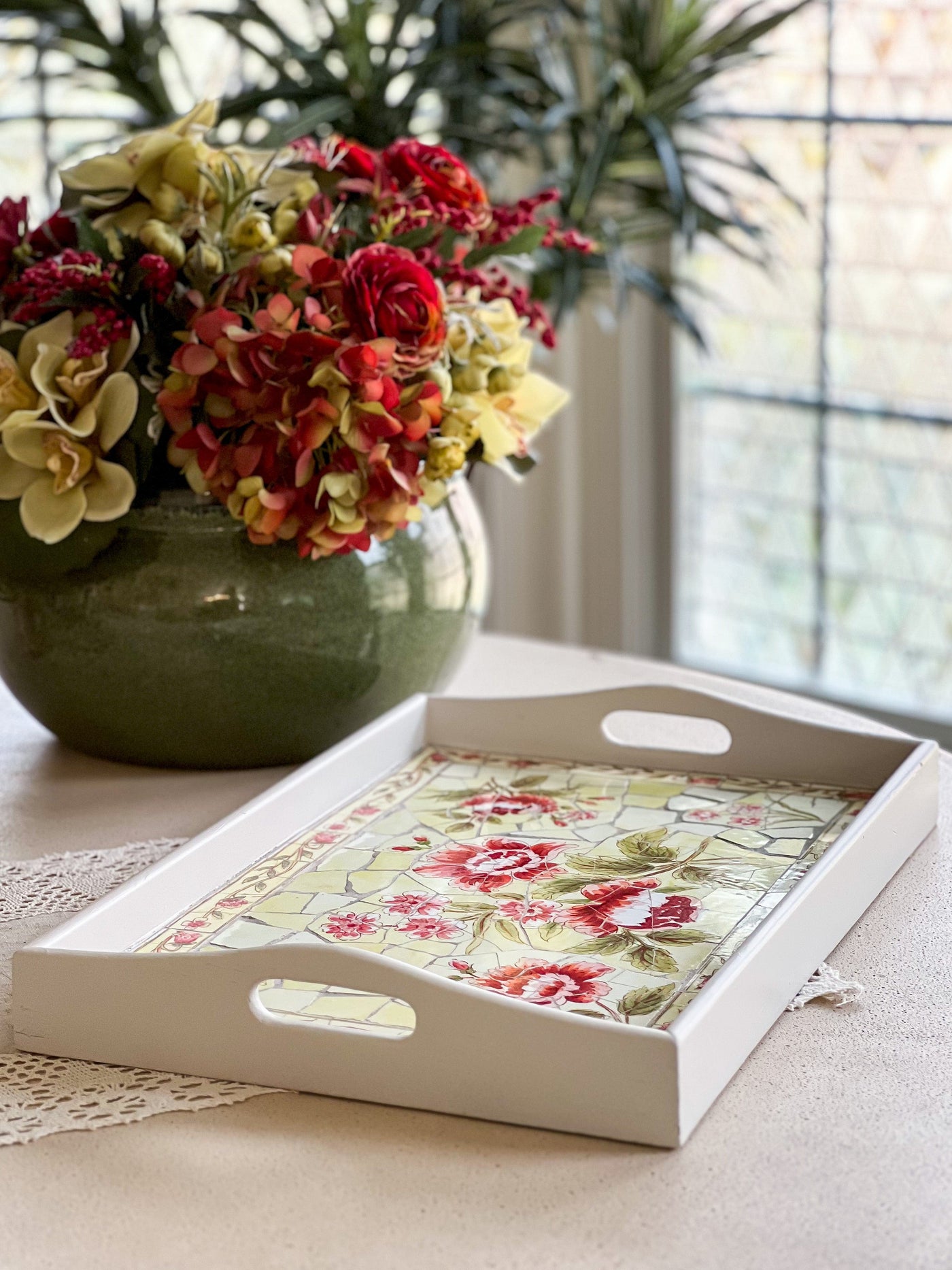 Handcrafted Vintage Red Floral Mosaic Serving Tray Revive In Style Vintage Furniture Painted Refinished Redesign Beautiful One of a Kind Artistic Antique Unique Home Decor Interior Design French Country Shabby Chic Cottage Farmhouse Grandmillenial Coastal Chalk Paint Metallic Glam Eclectic Quality Dovetailed Rustic Furniture Painter Pinterest Bedroom Living Room Entryway Kitchen Home Trends House Styles Decorating ideas