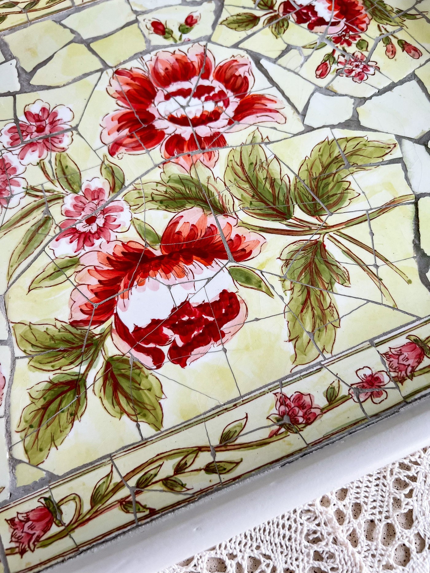 Handcrafted Vintage Red Floral Mosaic Serving Tray Revive In Style Vintage Furniture Painted Refinished Redesign Beautiful One of a Kind Artistic Antique Unique Home Decor Interior Design French Country Shabby Chic Cottage Farmhouse Grandmillenial Coastal Chalk Paint Metallic Glam Eclectic Quality Dovetailed Rustic Furniture Painter Pinterest Bedroom Living Room Entryway Kitchen Home Trends House Styles Decorating ideas
