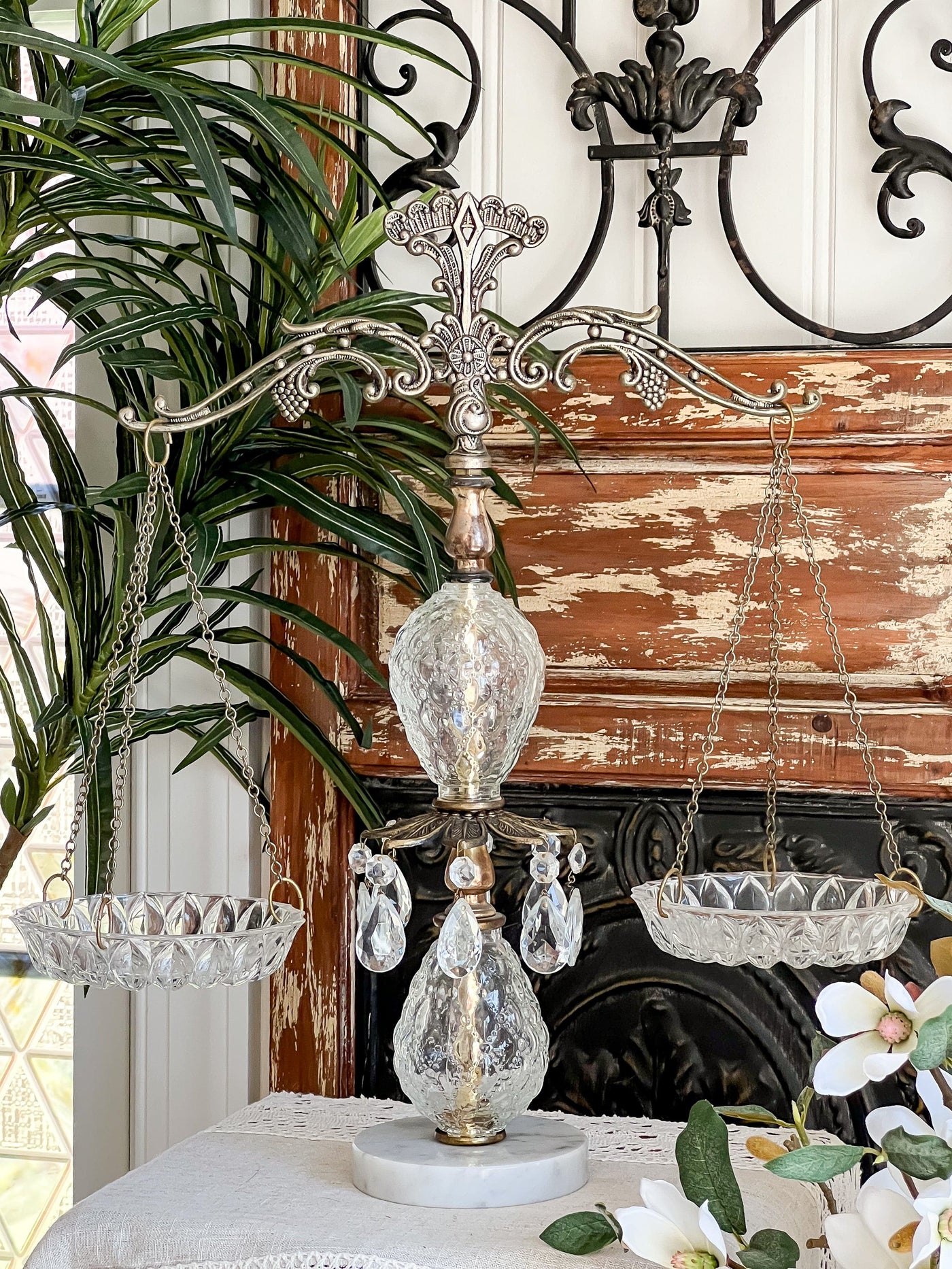 Hollywood Regency Crystal, Brass & Marble Scales of Justice Revive In Style Vintage Furniture Painted Refinished Redesign Beautiful One of a Kind Artistic Antique Unique Home Decor Interior Design French Country Shabby Chic Cottage Farmhouse Grandmillenial Coastal Chalk Paint Metallic Glam Eclectic Quality Dovetailed Rustic Furniture Painter Pinterest Bedroom Living Room Entryway Kitchen Home Trends House Styles Decorating ideas