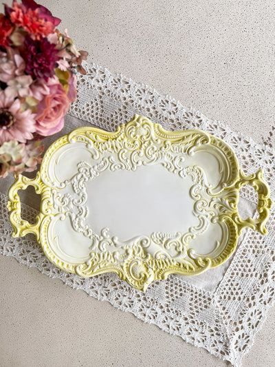 Italian Provincial Amora Buttercream Yellow Vintage Serving Platter Revive In Style Vintage Furniture Painted Refinished Redesign Beautiful One of a Kind Artistic Antique Unique Home Decor Interior Design French Country Shabby Chic Cottage Farmhouse Grandmillenial Coastal Chalk Paint Metallic Glam Eclectic Quality Dovetailed Rustic Furniture Painter Pinterest Bedroom Living Room Entryway Kitchen Home Trends House Styles Decorating ideas