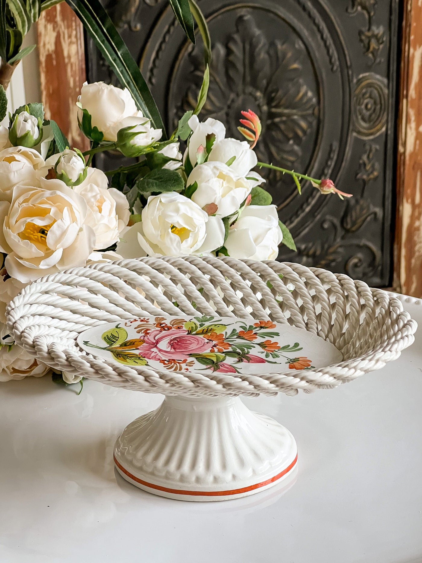 Italian Woven Lattice Ceramic Pedestal Dish with Hand-Painted Florals by Bassano Revive In Style Vintage Furniture Painted Refinished Redesign Beautiful One of a Kind Artistic Antique Unique Home Decor Interior Design French Country Shabby Chic Cottage Farmhouse Grandmillenial Coastal Chalk Paint Metallic Glam Eclectic Quality Dovetailed Rustic Furniture Painter Pinterest Bedroom Living Room Entryway Kitchen Home Trends House Styles Decorating ideas
