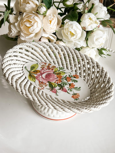 Italian Woven Lattice Ceramic Pedestal Dish with Hand-Painted Florals by Bassano Revive In Style Vintage Furniture Painted Refinished Redesign Beautiful One of a Kind Artistic Antique Unique Home Decor Interior Design French Country Shabby Chic Cottage Farmhouse Grandmillenial Coastal Chalk Paint Metallic Glam Eclectic Quality Dovetailed Rustic Furniture Painter Pinterest Bedroom Living Room Entryway Kitchen Home Trends House Styles Decorating ideas