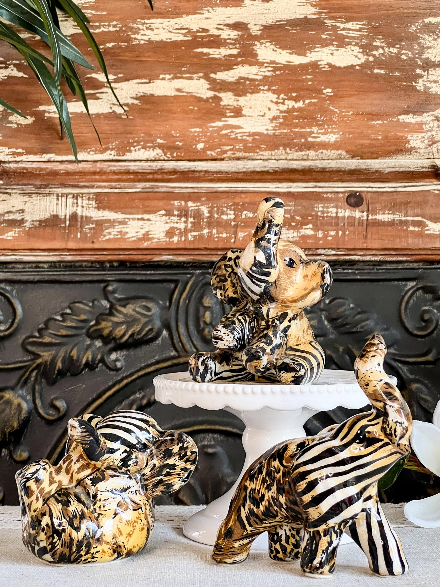La Vie Glazed Porcelain Animal Print Patchwork Elephants (3 piece) Revive In Style Vintage Furniture Painted Refinished Redesign Beautiful One of a Kind Artistic Antique Unique Home Decor Interior Design French Country Shabby Chic Cottage Farmhouse Grandmillenial Coastal Chalk Paint Metallic Glam Eclectic Quality Dovetailed Rustic Furniture Painter Pinterest Bedroom Living Room Entryway Kitchen Home Trends House Styles Decorating ideas