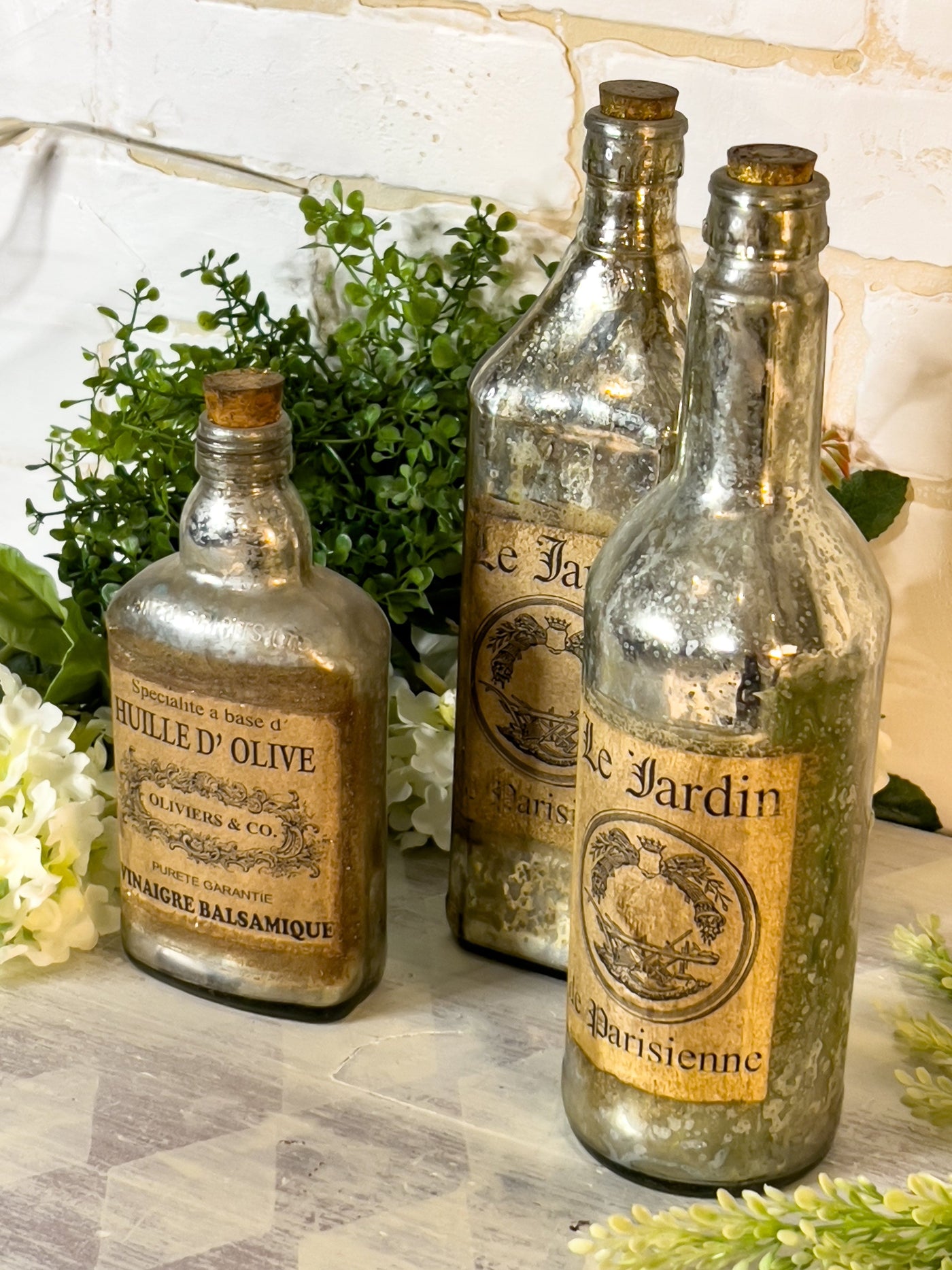 MERCURY GLASS BOTTLES - VINTAGE INSPIRED Revive In Style Vintage Furniture Painted Refinished Redesign Beautiful One of a Kind Artistic Antique Unique Home Decor Interior Design French Country Shabby Chic Cottage Farmhouse Grandmillenial Coastal Chalk Paint Metallic Glam Eclectic Quality Dovetailed Rustic Furniture Painter Pinterest Bedroom Living Room Entryway Kitchen Home Trends House Styles Decorating ideas