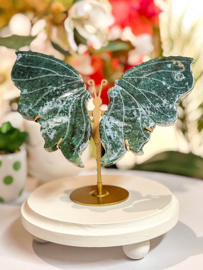 MOSS AGATE BUTTERFLY ON STAND Revive In Style Vintage Furniture Painted Refinished Redesign Beautiful One of a Kind Artistic Antique Unique Home Decor Interior Design French Country Shabby Chic Cottage Farmhouse Grandmillenial Coastal Chalk Paint Metallic Glam Eclectic Quality Dovetailed Rustic Furniture Painter Pinterest Bedroom Living Room Entryway Kitchen Home Trends House Styles Decorating ideas