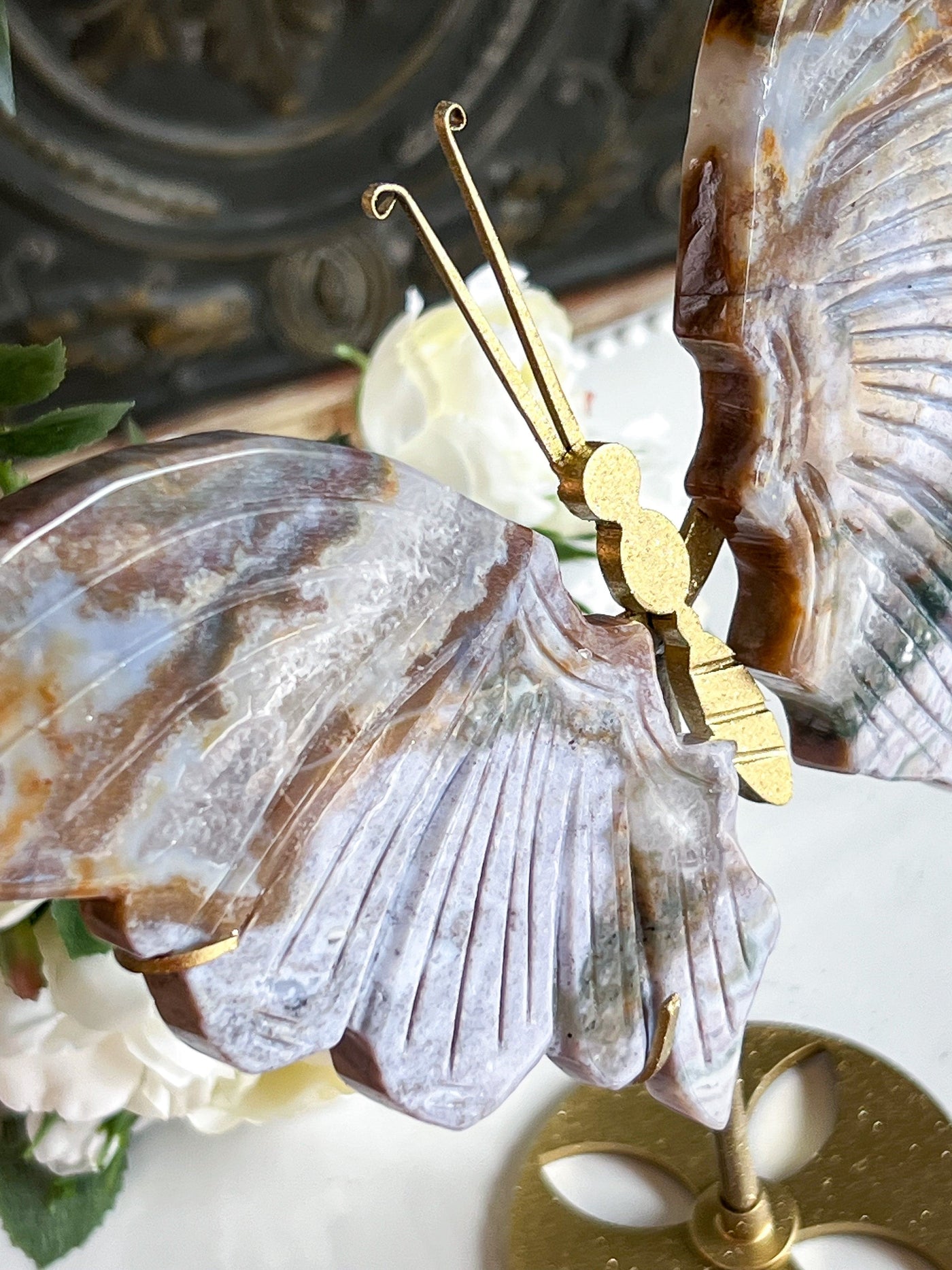 OCEAN JASPER WINGS ON SHIMMERY STAND (MEDIUM) Revive In Style Vintage Furniture Painted Refinished Redesign Beautiful One of a Kind Artistic Antique Unique Home Decor Interior Design French Country Shabby Chic Cottage Farmhouse Grandmillenial Coastal Chalk Paint Metallic Glam Eclectic Quality Dovetailed Rustic Furniture Painter Pinterest Bedroom Living Room Entryway Kitchen Home Trends House Styles Decorating ideas