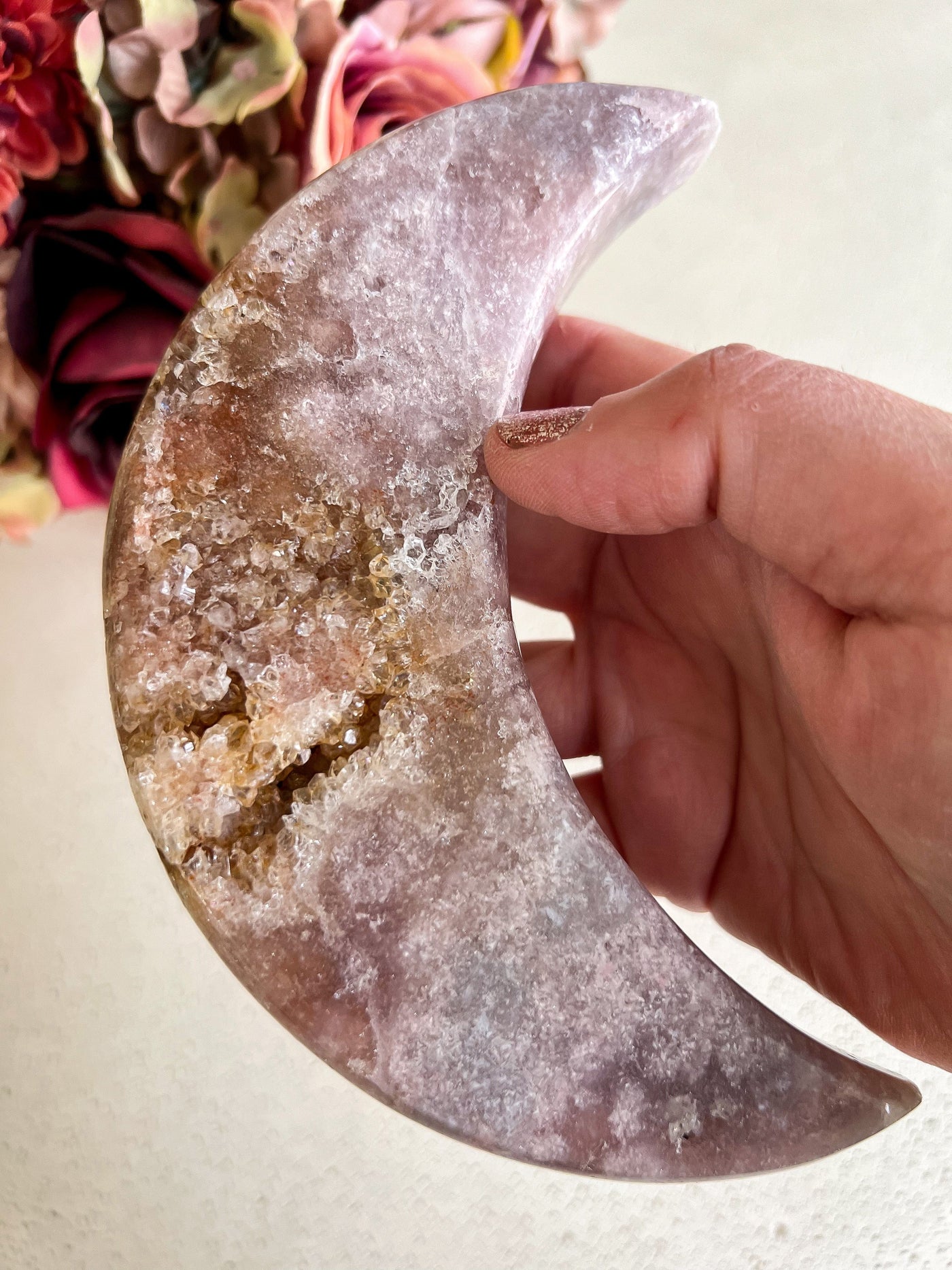 PINK AMETHYST CRESCENT MOON ON STAND Revive In Style Vintage Furniture Painted Refinished Redesign Beautiful One of a Kind Artistic Antique Unique Home Decor Interior Design French Country Shabby Chic Cottage Farmhouse Grandmillenial Coastal Chalk Paint Metallic Glam Eclectic Quality Dovetailed Rustic Furniture Painter Pinterest Bedroom Living Room Entryway Kitchen Home Trends House Styles Decorating ideas