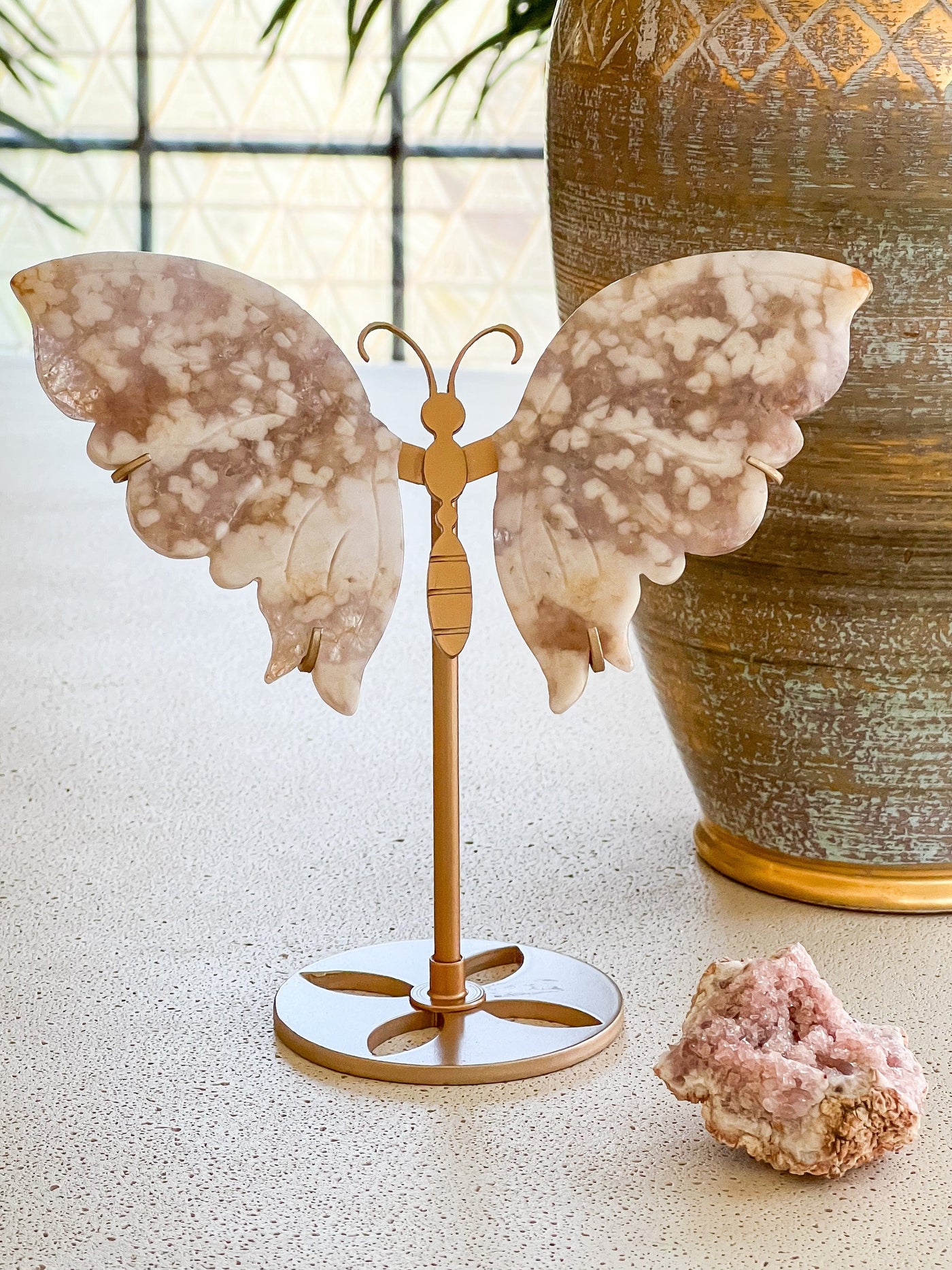 PINK AMETHYST WITH FLOWER AGATE BUTTERFLY WINGS ON STAND (SMALL) Revive In Style Vintage Furniture Painted Refinished Redesign Beautiful One of a Kind Artistic Antique Unique Home Decor Interior Design French Country Shabby Chic Cottage Farmhouse Grandmillenial Coastal Chalk Paint Metallic Glam Eclectic Quality Dovetailed Rustic Furniture Painter Pinterest Bedroom Living Room Entryway Kitchen Home Trends House Styles Decorating ideas